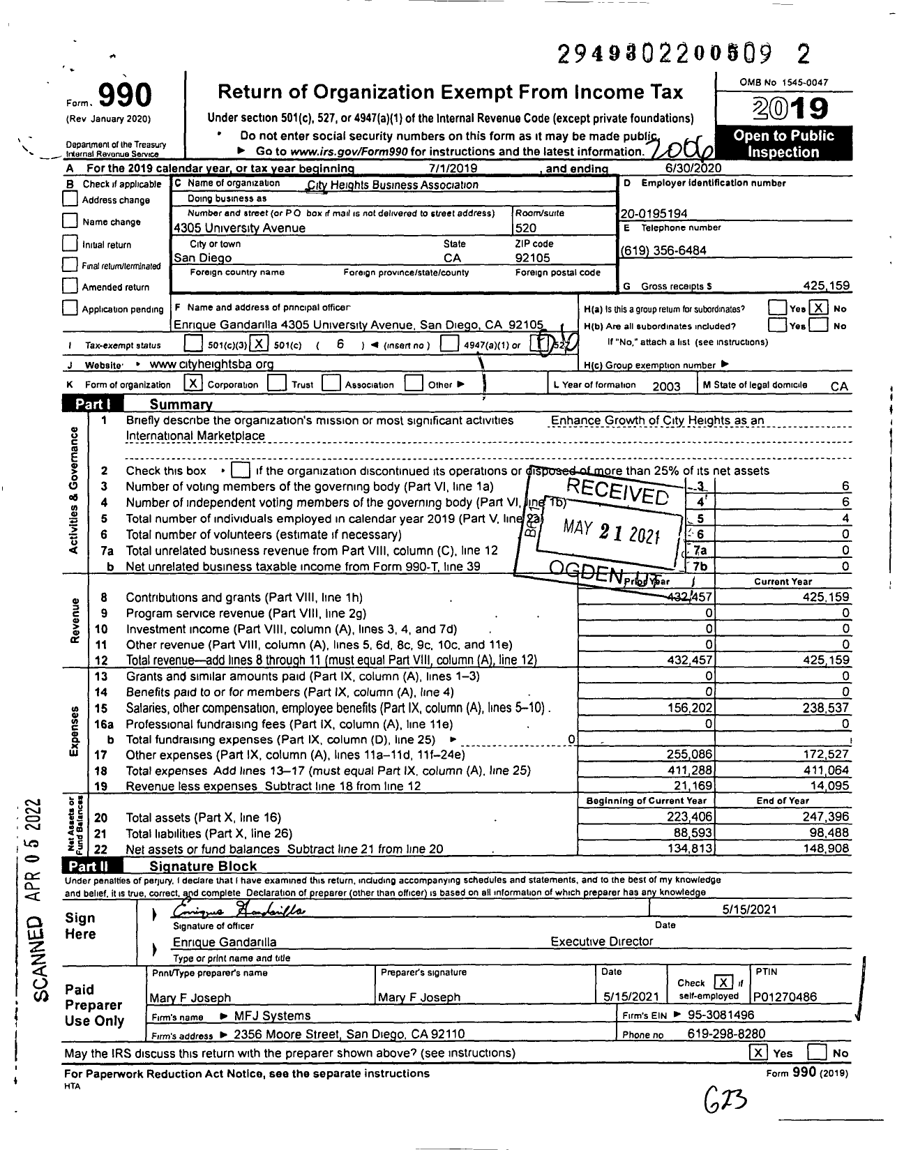 Image of first page of 2019 Form 990O for City Heights Business Association