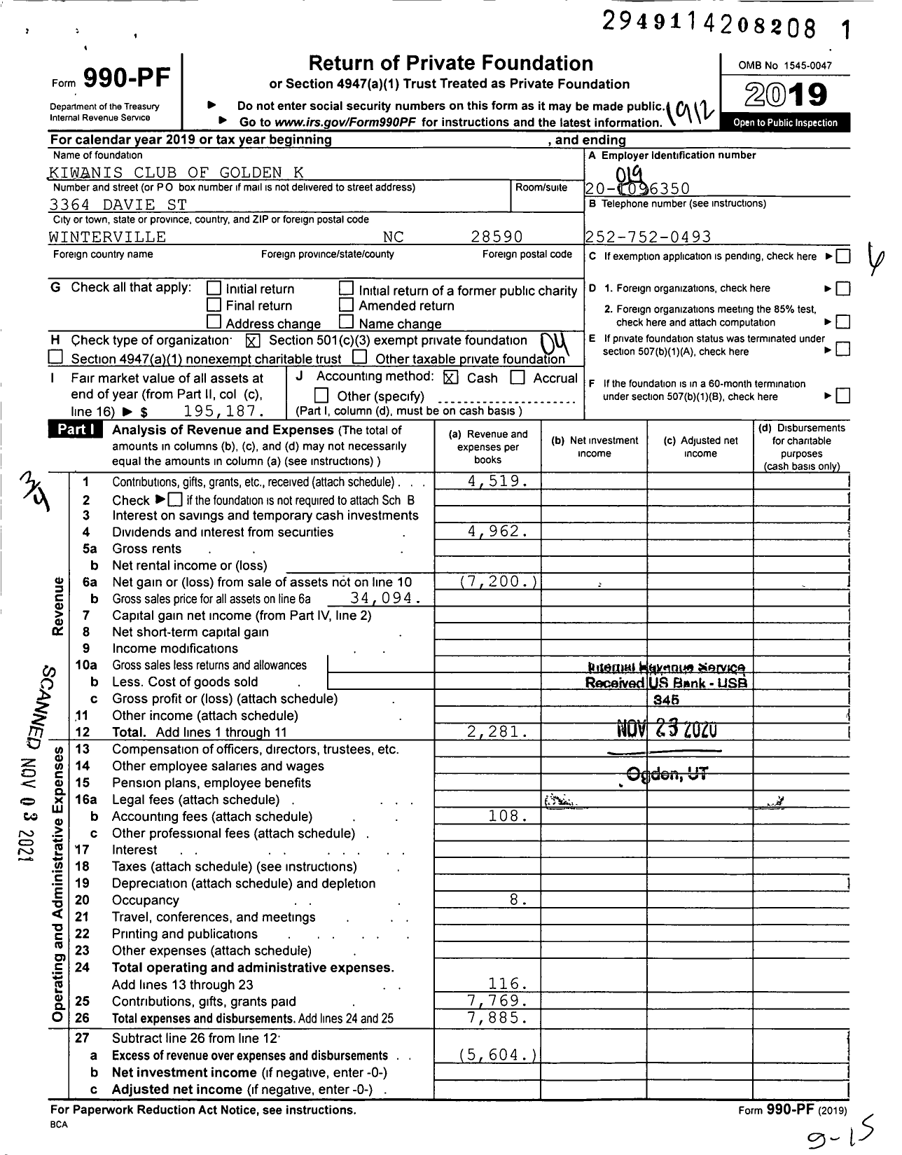 Image of first page of 2019 Form 990PF for Kiwanis Club of Golden K