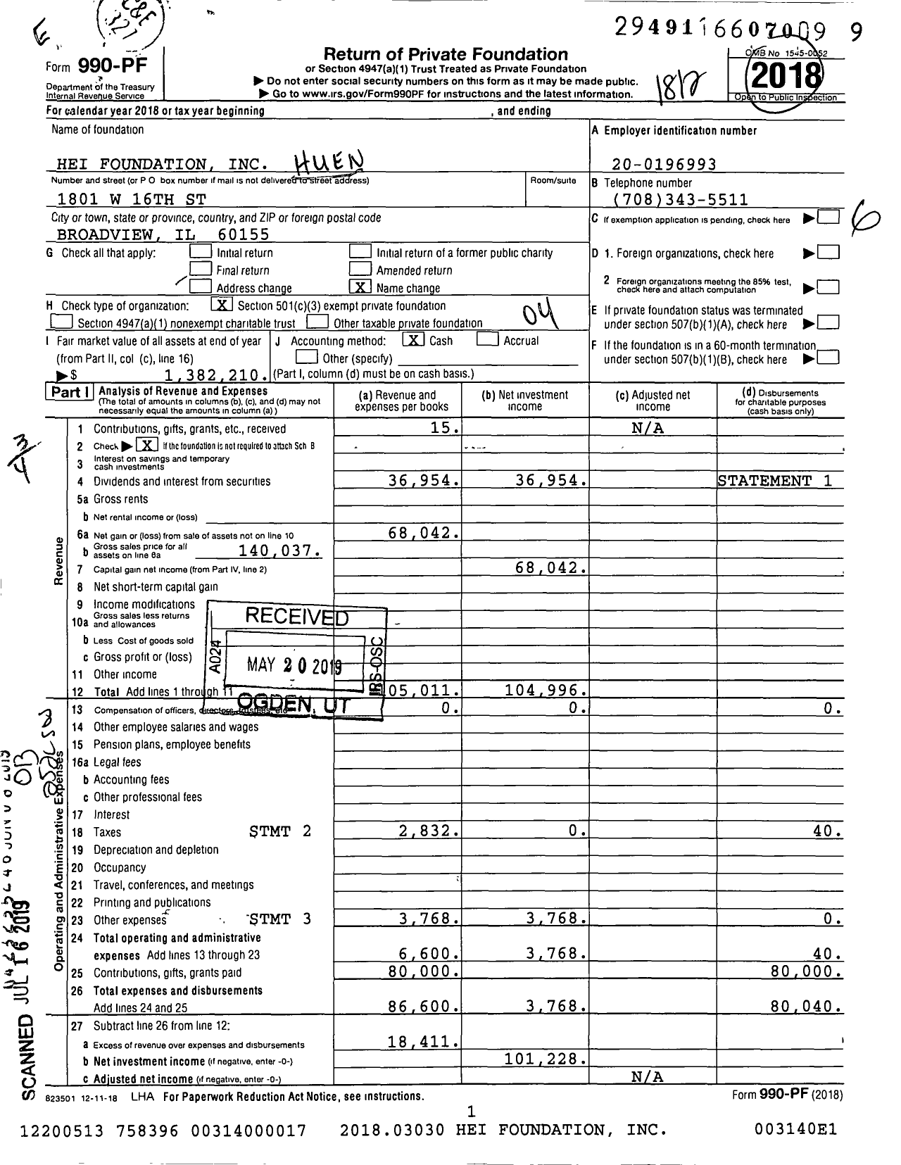 Image of first page of 2018 Form 990PF for Hei Foundation