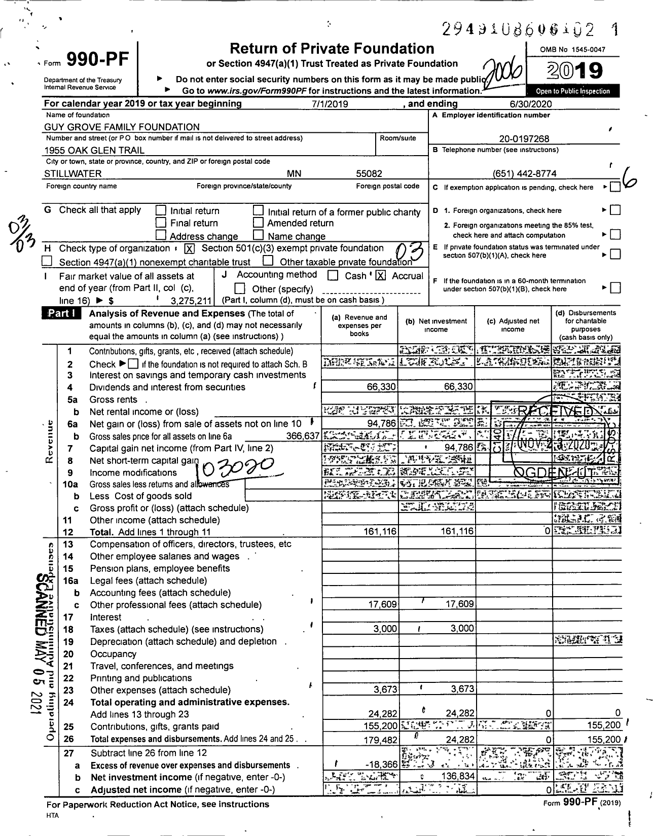 Image of first page of 2019 Form 990PF for Guy Grove Family Foundation