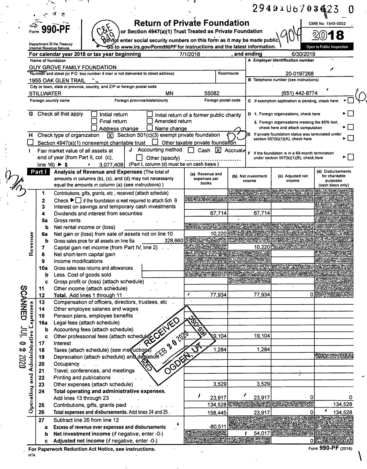 Image of first page of 2018 Form 990PR for Guy Grove Family Foundation