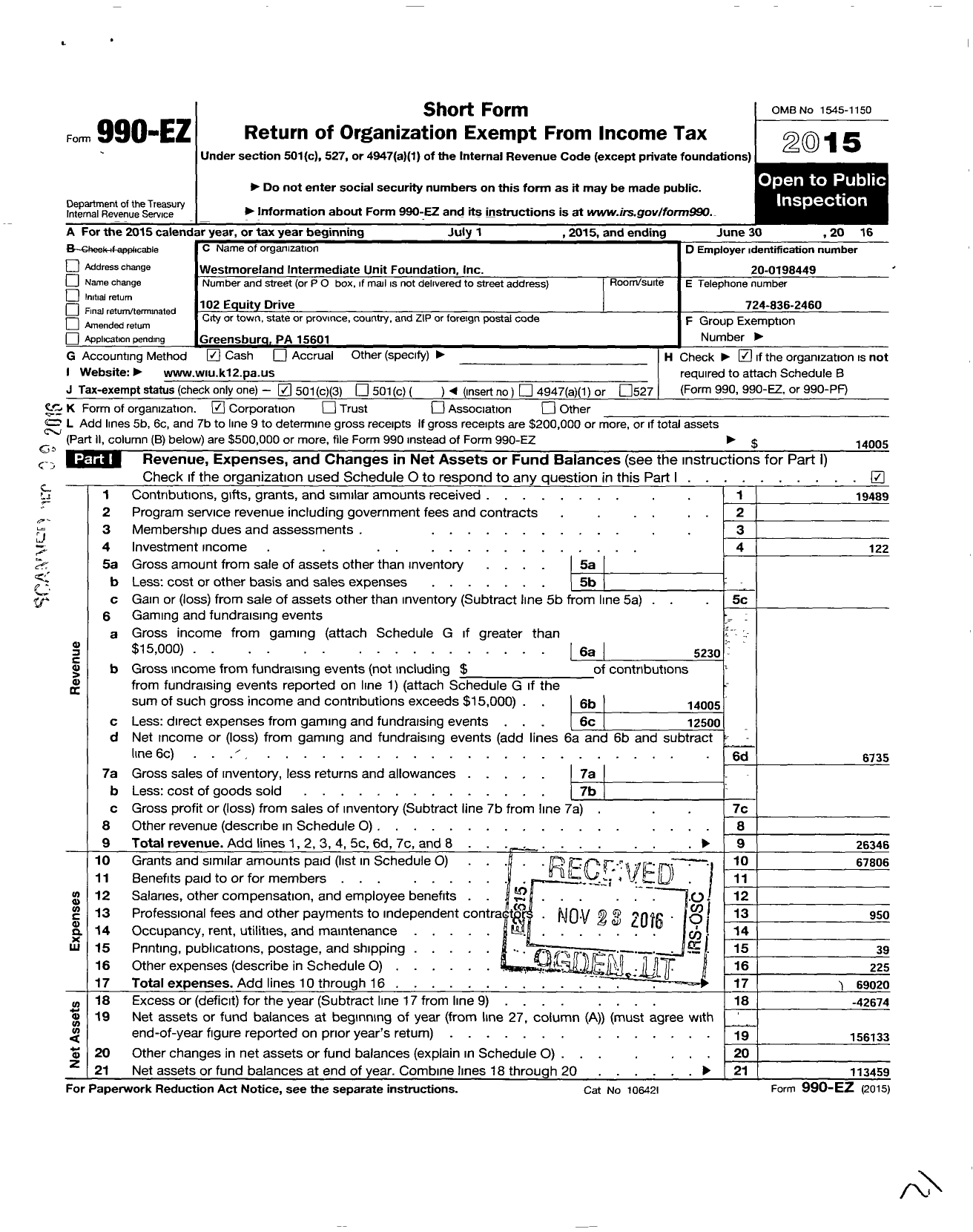 Image of first page of 2015 Form 990EZ for Westmoreland Intermediate Unit FOUNDATION