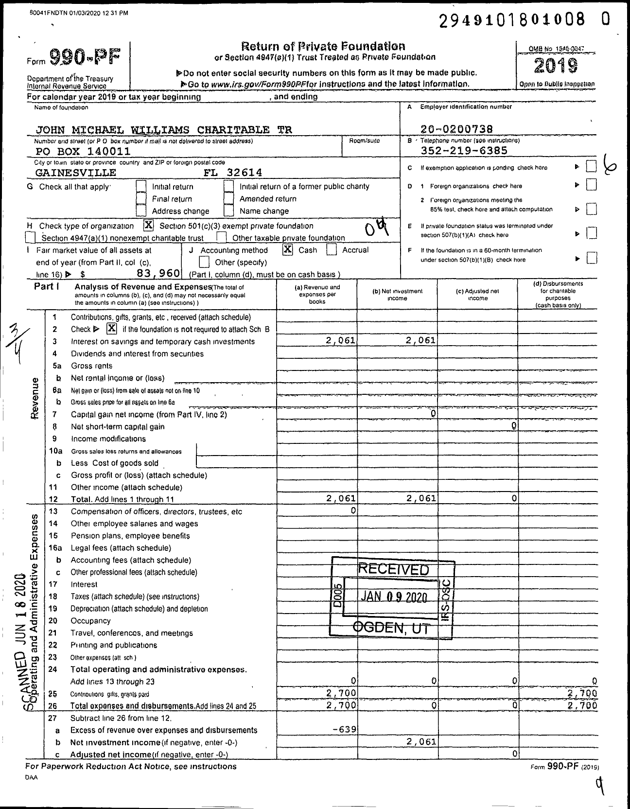 Image of first page of 2019 Form 990PR for John Michael Williams Charitable Trust