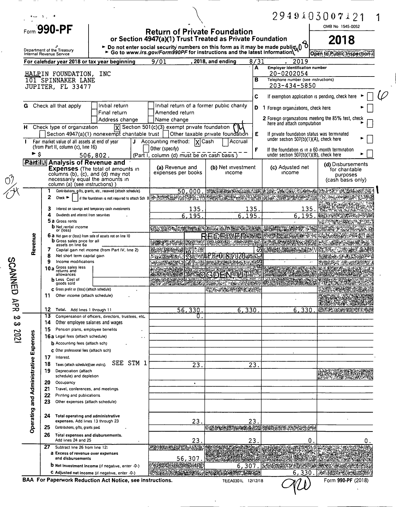 Image of first page of 2018 Form 990PF for Halpin Foundation