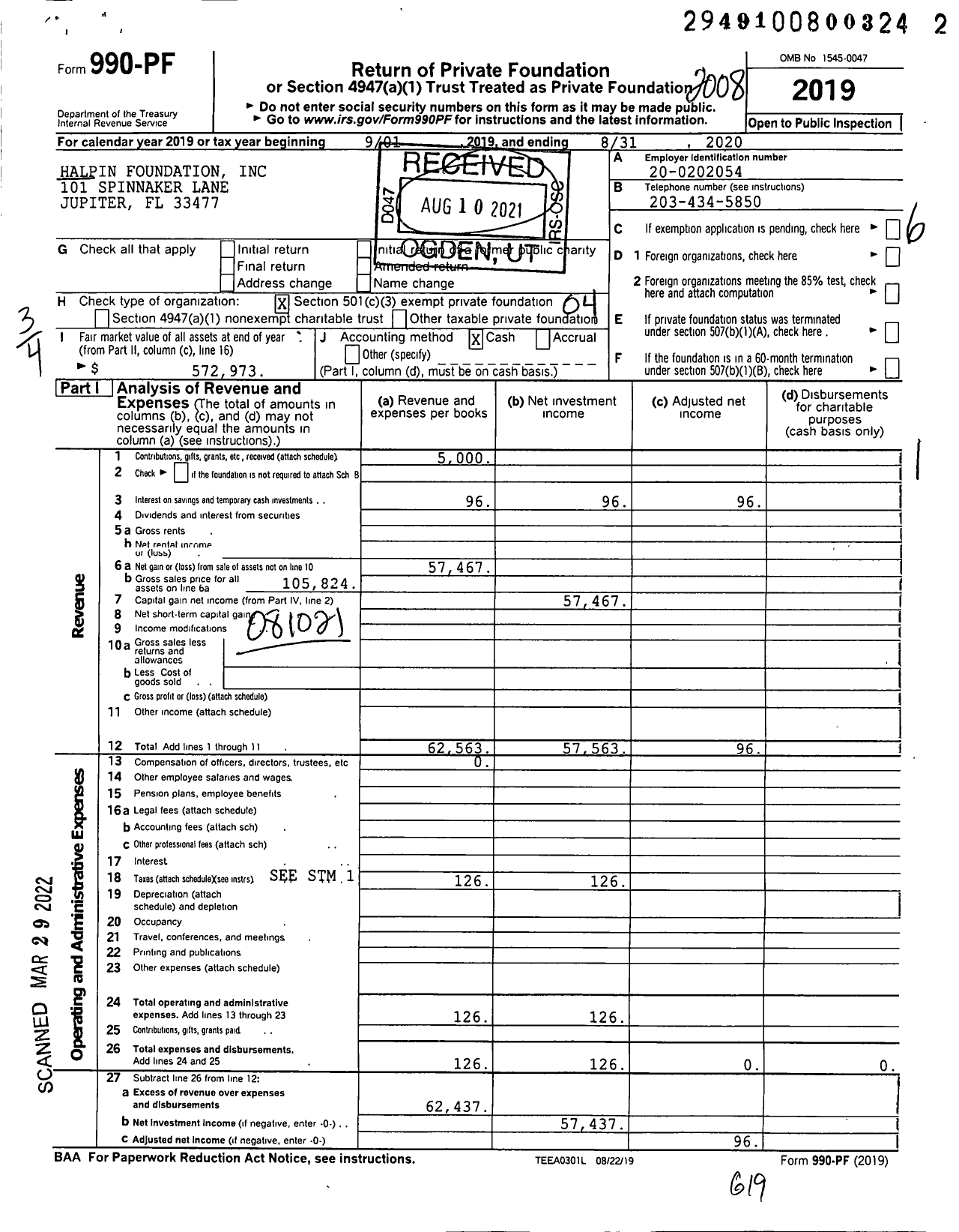 Image of first page of 2019 Form 990PF for Halpin Foundation