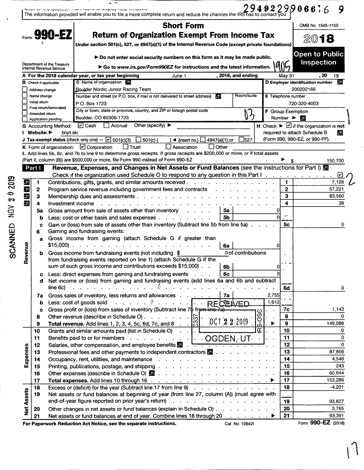 Image of first page of 2018 Form 990EZ for Boulder Nordic Junior Racing Team