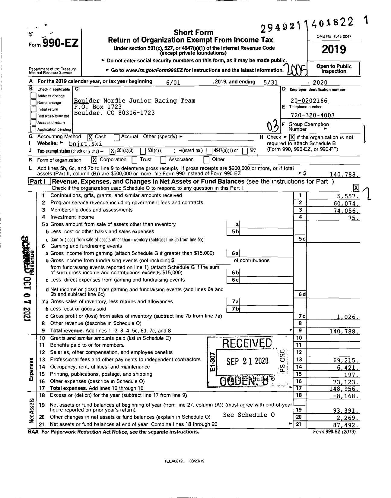 Image of first page of 2019 Form 990EZ for Boulder Nordic Junior Racing Team