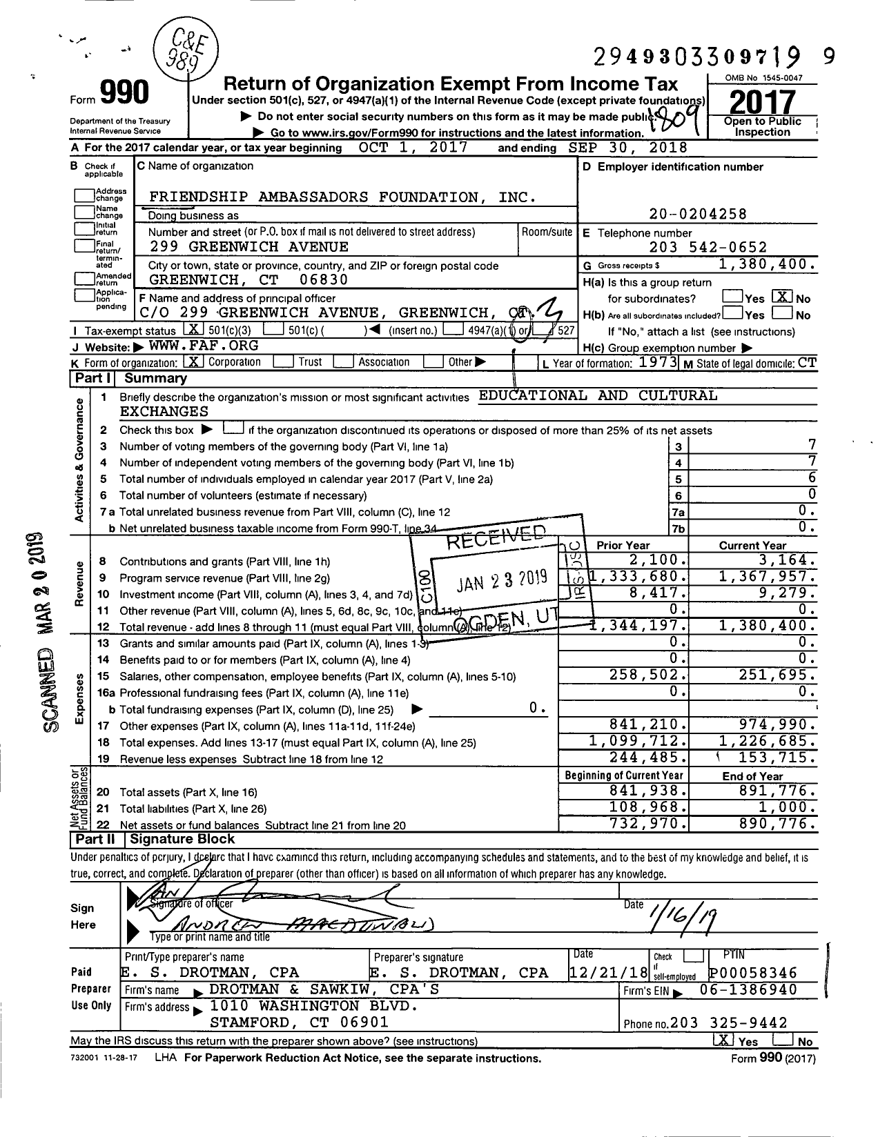 Image of first page of 2017 Form 990 for Friendship Ambassadors Foundation