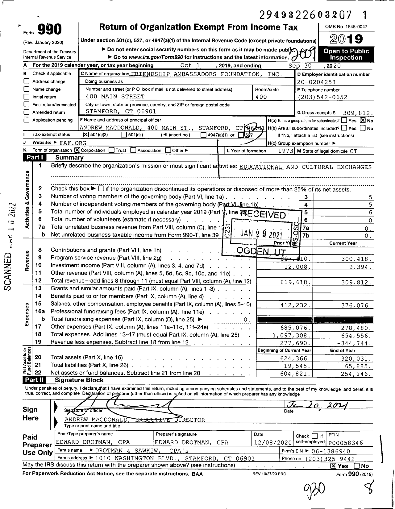 Image of first page of 2019 Form 990 for Friendship Ambassadors Foundation