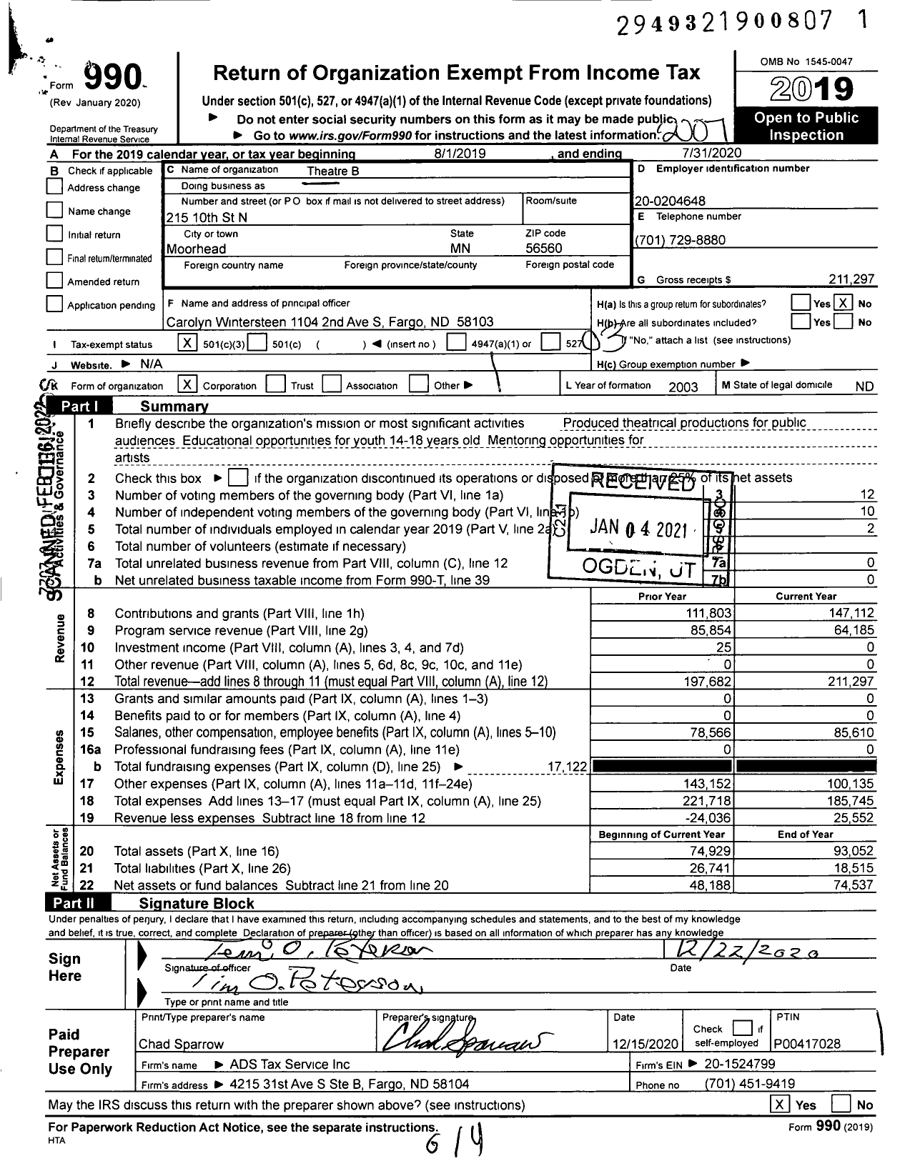 Image of first page of 2019 Form 990 for Theatre B