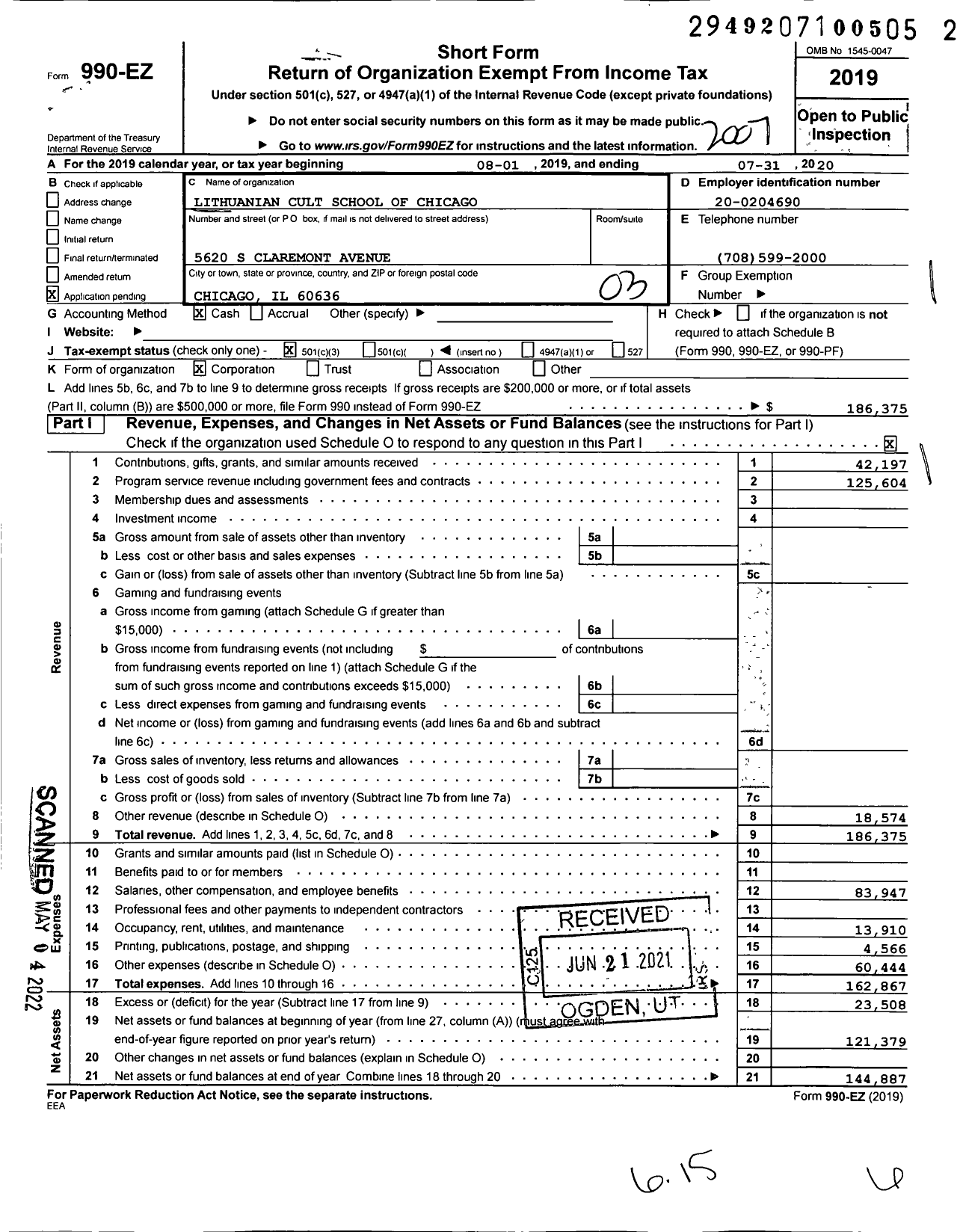 Image of first page of 2019 Form 990EZ for Lithuanian Cultural School of Chicago