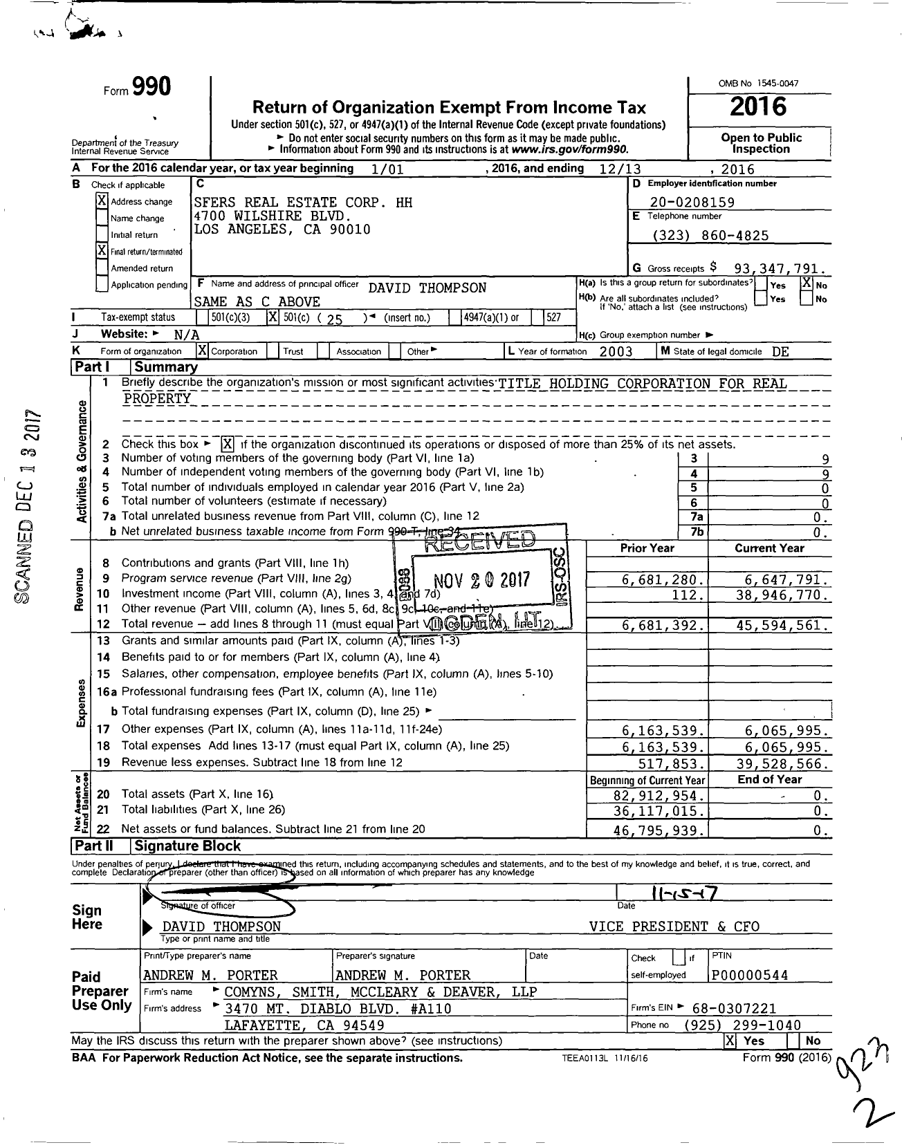Image of first page of 2016 Form 990O for SFERS Real Estate Corp HH