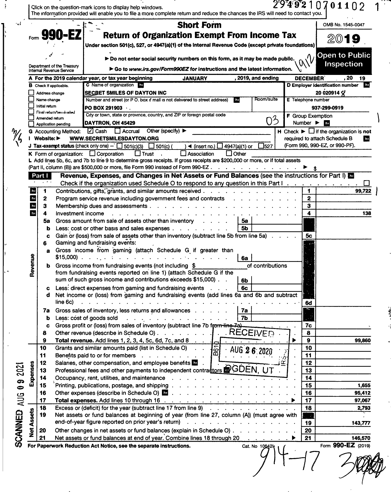 Image of first page of 2019 Form 990EZ for Secret Smiles of Dayton