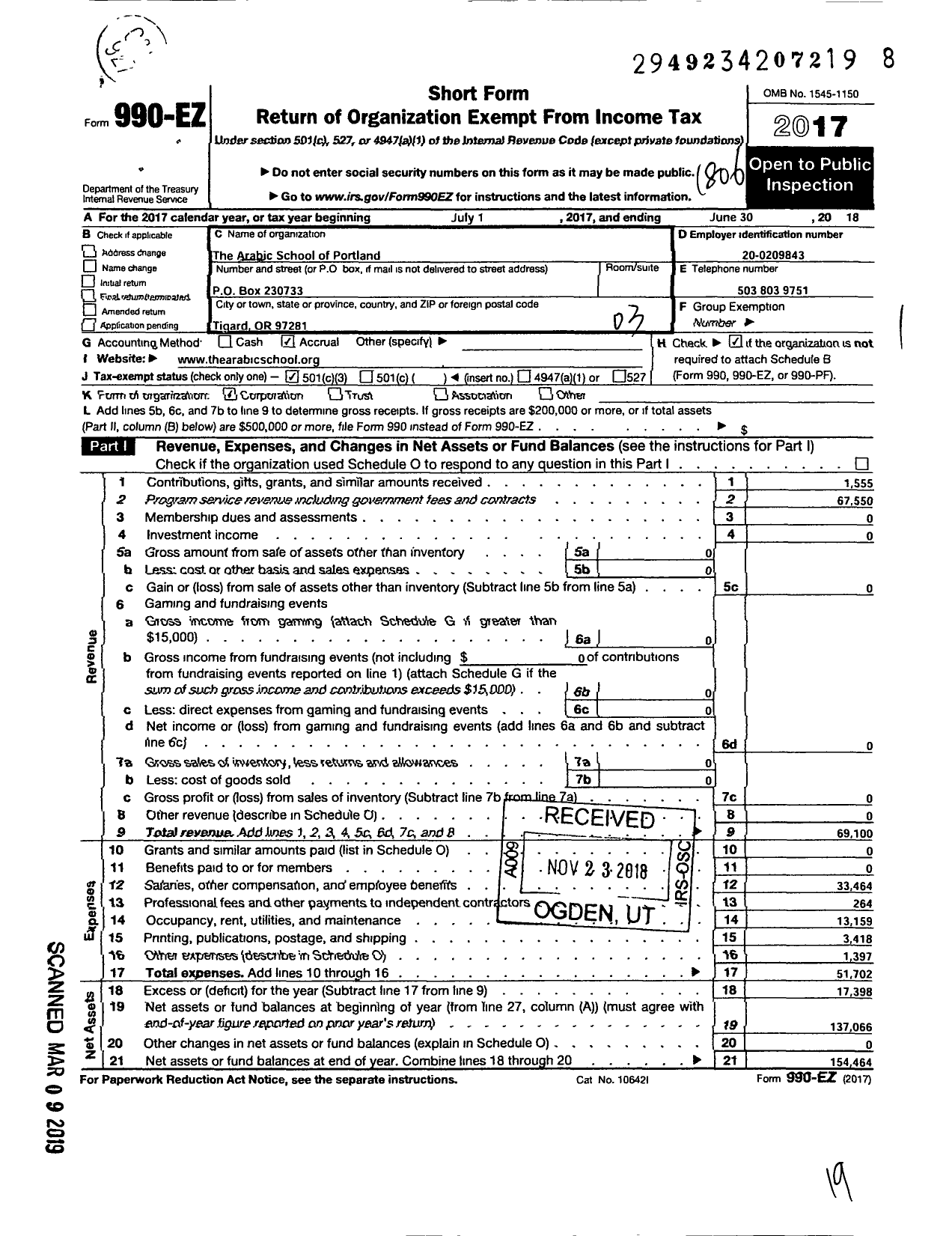 Image of first page of 2017 Form 990EZ for Arabic School of Portland (ASP)