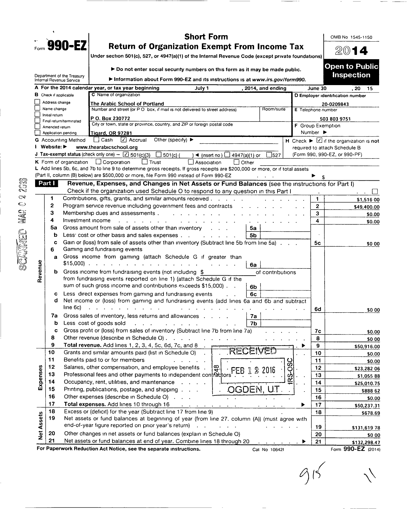 Image of first page of 2014 Form 990EZ for Arabic School of Portland (ASP)