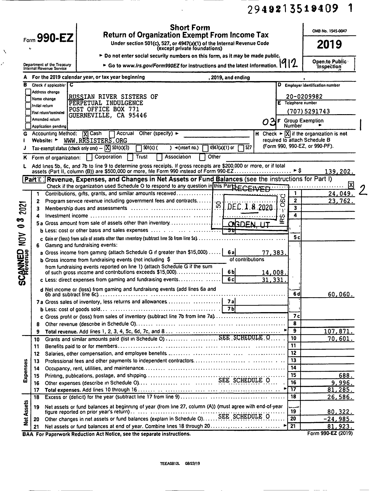 Image of first page of 2019 Form 990EZ for Russian River Sisters of Perpetual Indulgence