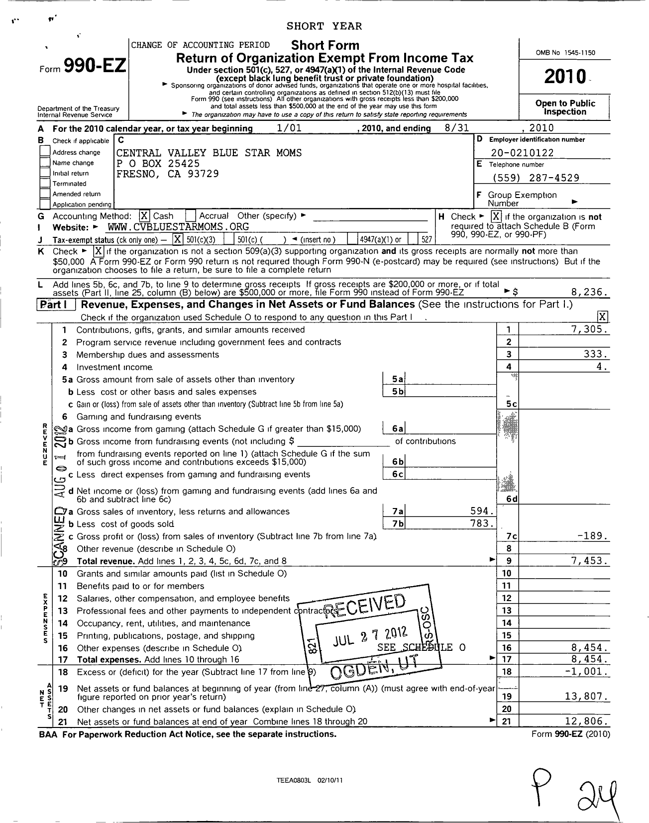 Image of first page of 2009 Form 990EZ for Blue Star MOTHERS OF AMERICA - 10 Ca Central Valley BSM