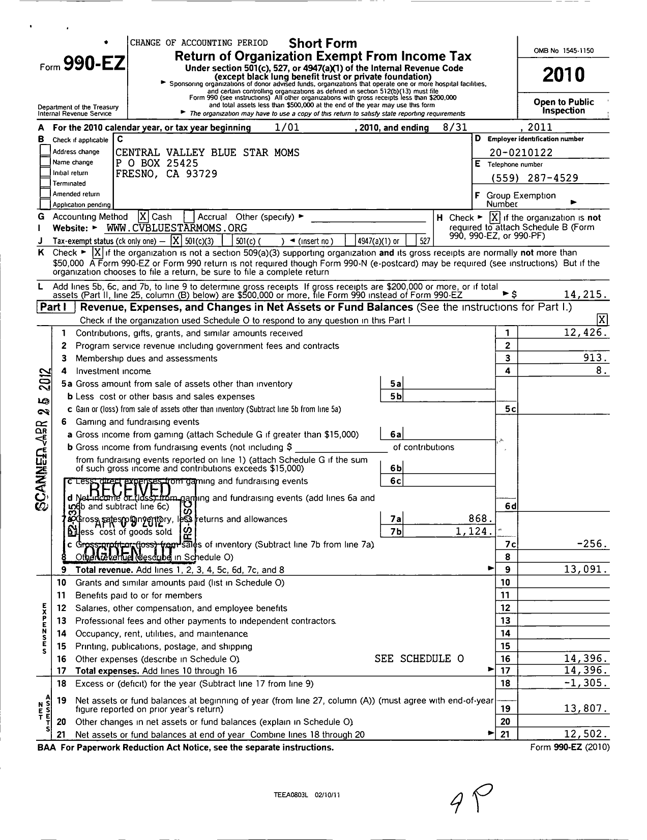 Image of first page of 2010 Form 990EZ for Blue Star MOTHERS OF AMERICA - 10 Ca Central Valley BSM