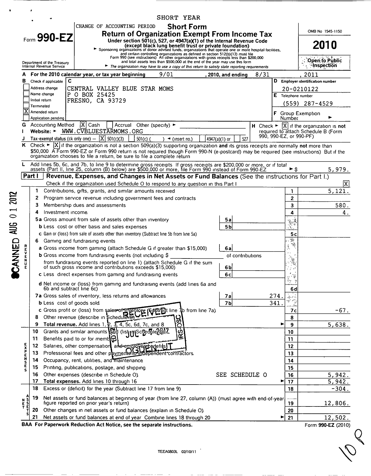 Image of first page of 2010 Form 990EZ for Blue Star MOTHERS OF AMERICA - 10 Ca Central Valley BSM