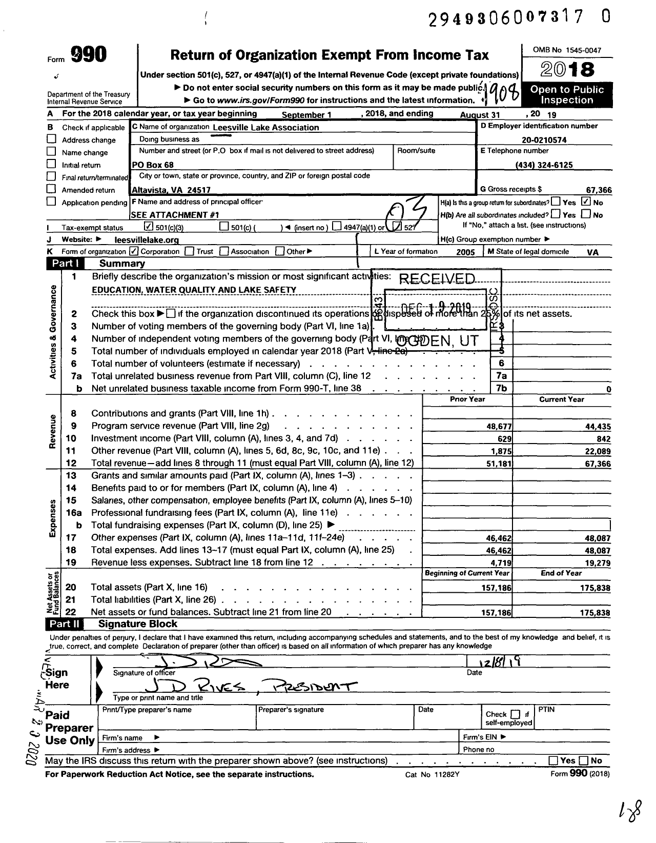 Image of first page of 2018 Form 990 for Leesville Lake Association