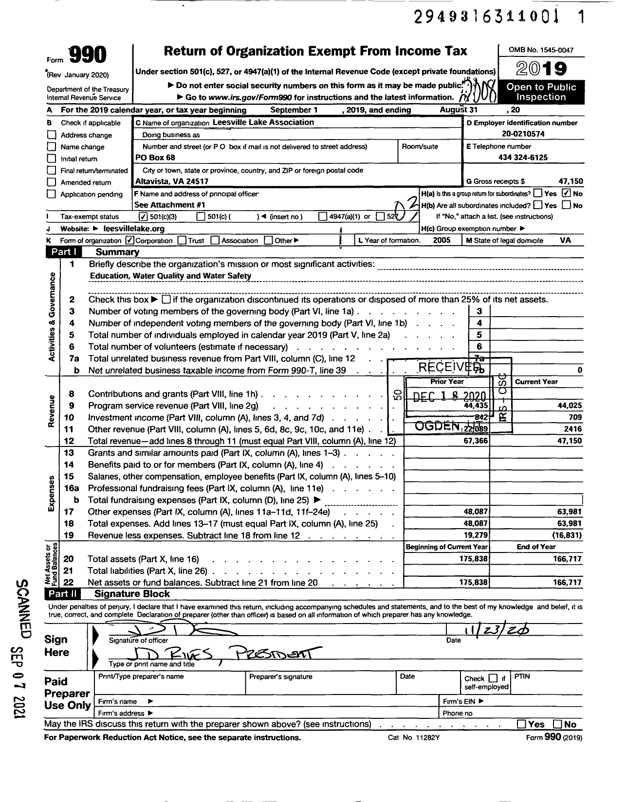 Image of first page of 2019 Form 990 for Leesville Lake Association