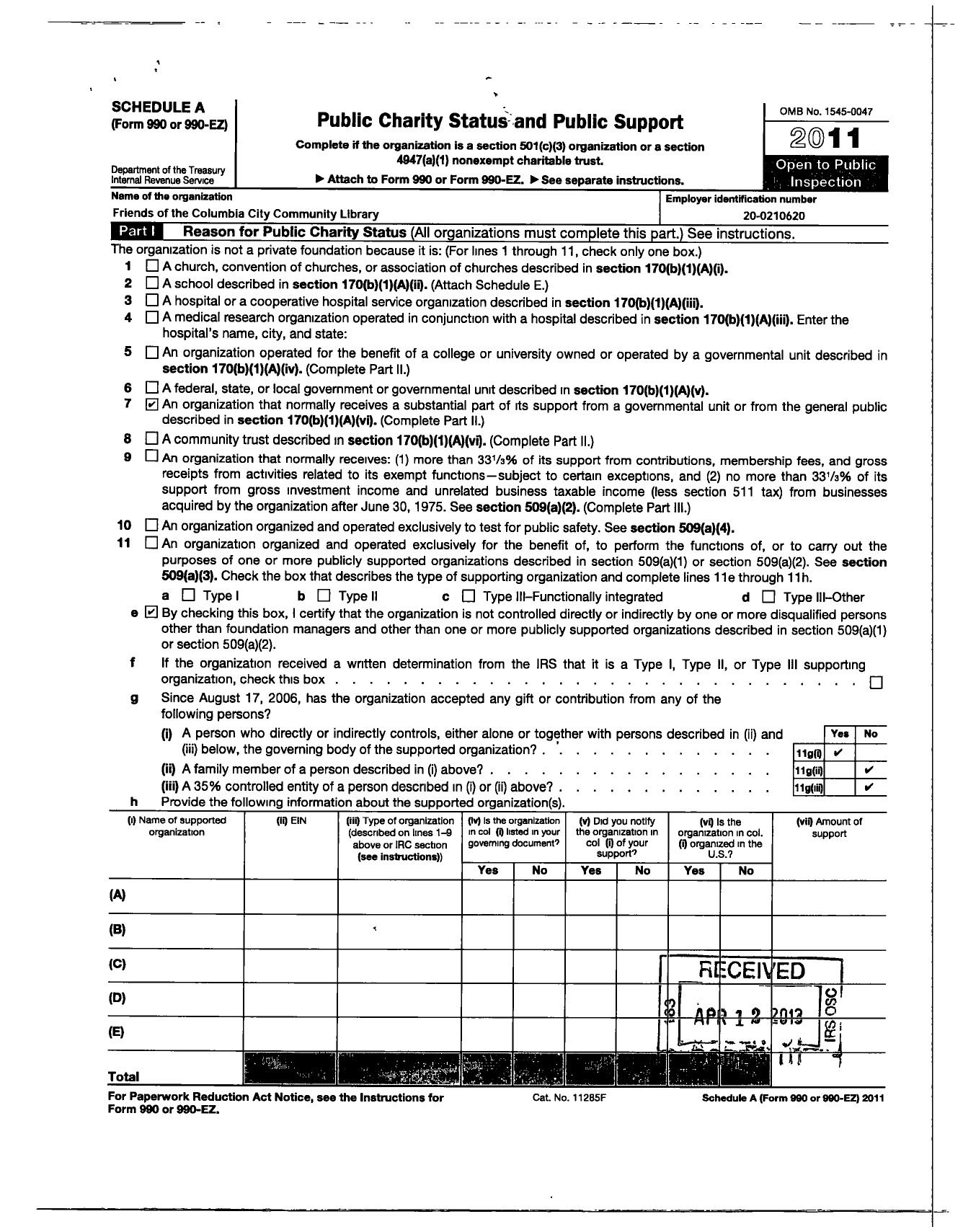 Image of first page of 2010 Form 990ER for Friends of the Columbia City Community Library