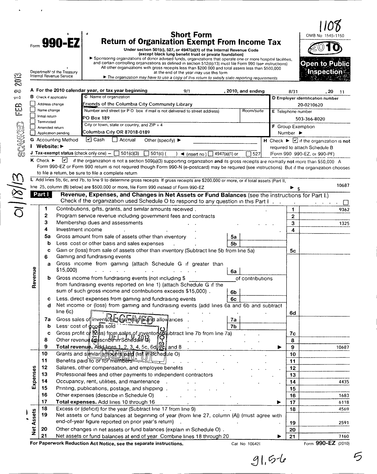 Image of first page of 2010 Form 990EO for Friends of the Columbia City Community Library