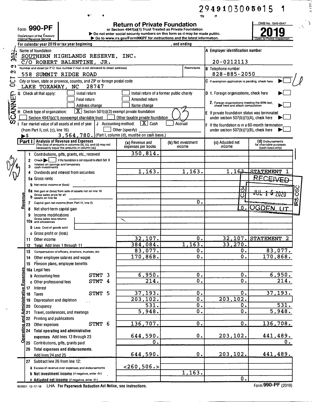 Image of first page of 2019 Form 990PF for Southern Highlands Reserve