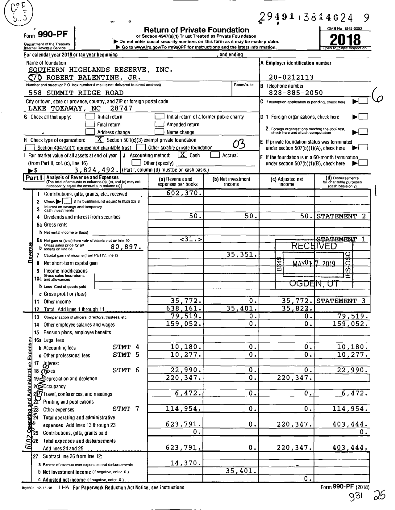 Image of first page of 2018 Form 990PF for Southern Highlands Reserve