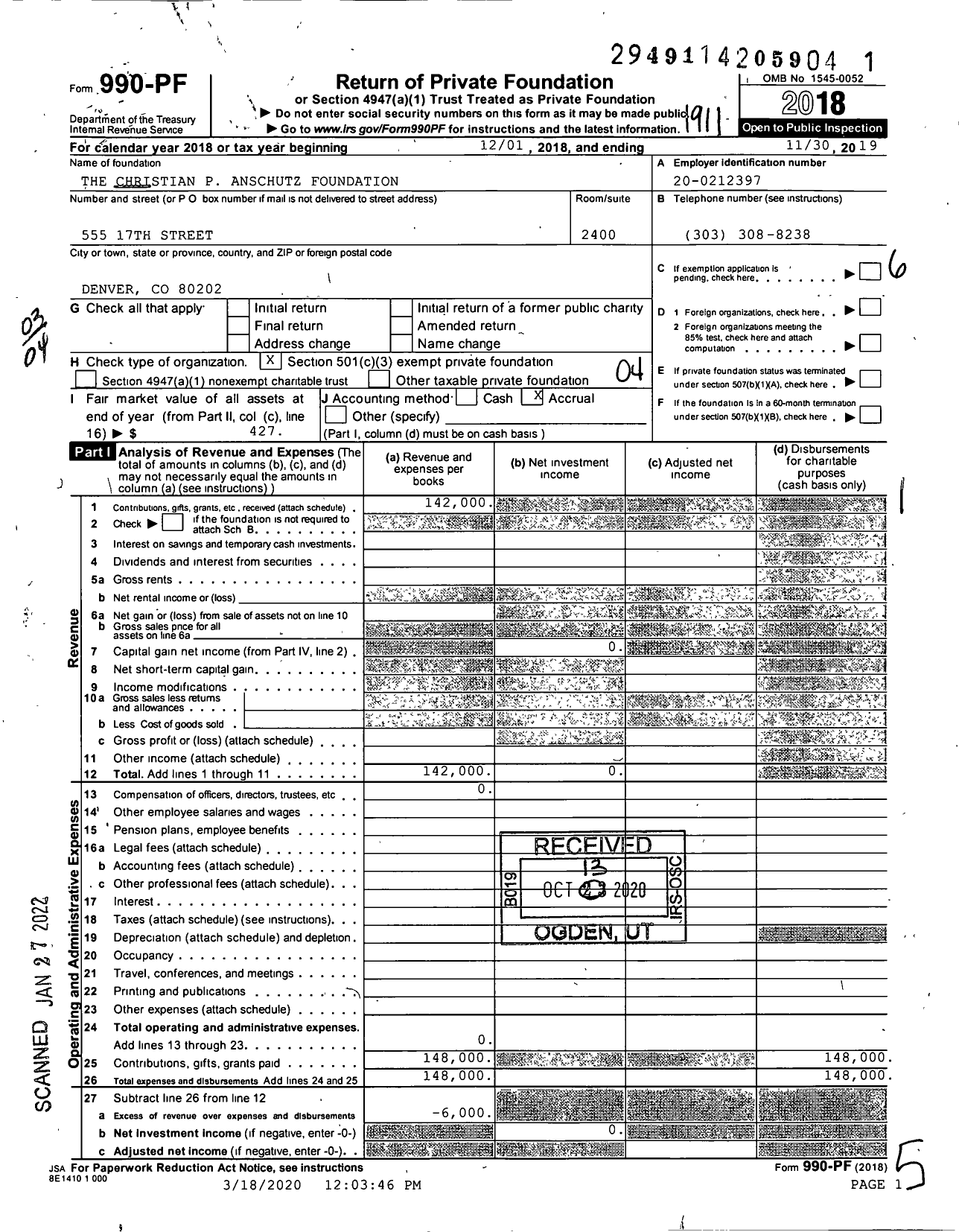 Image of first page of 2018 Form 990PF for The Christian P Anschutz Foundation