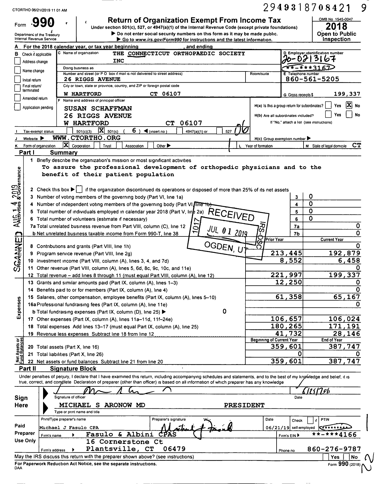 Image of first page of 2018 Form 990O for The Connecticut Orthopaedic Society