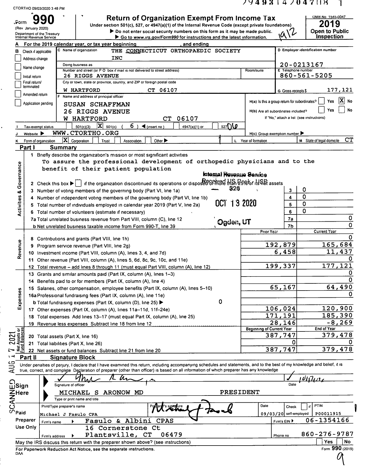 Image of first page of 2019 Form 990O for The Connecticut Orthopaedic Society