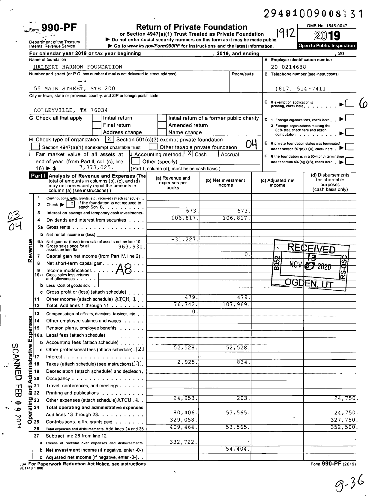 Image of first page of 2019 Form 990PF for Halbert Harmon Foundation