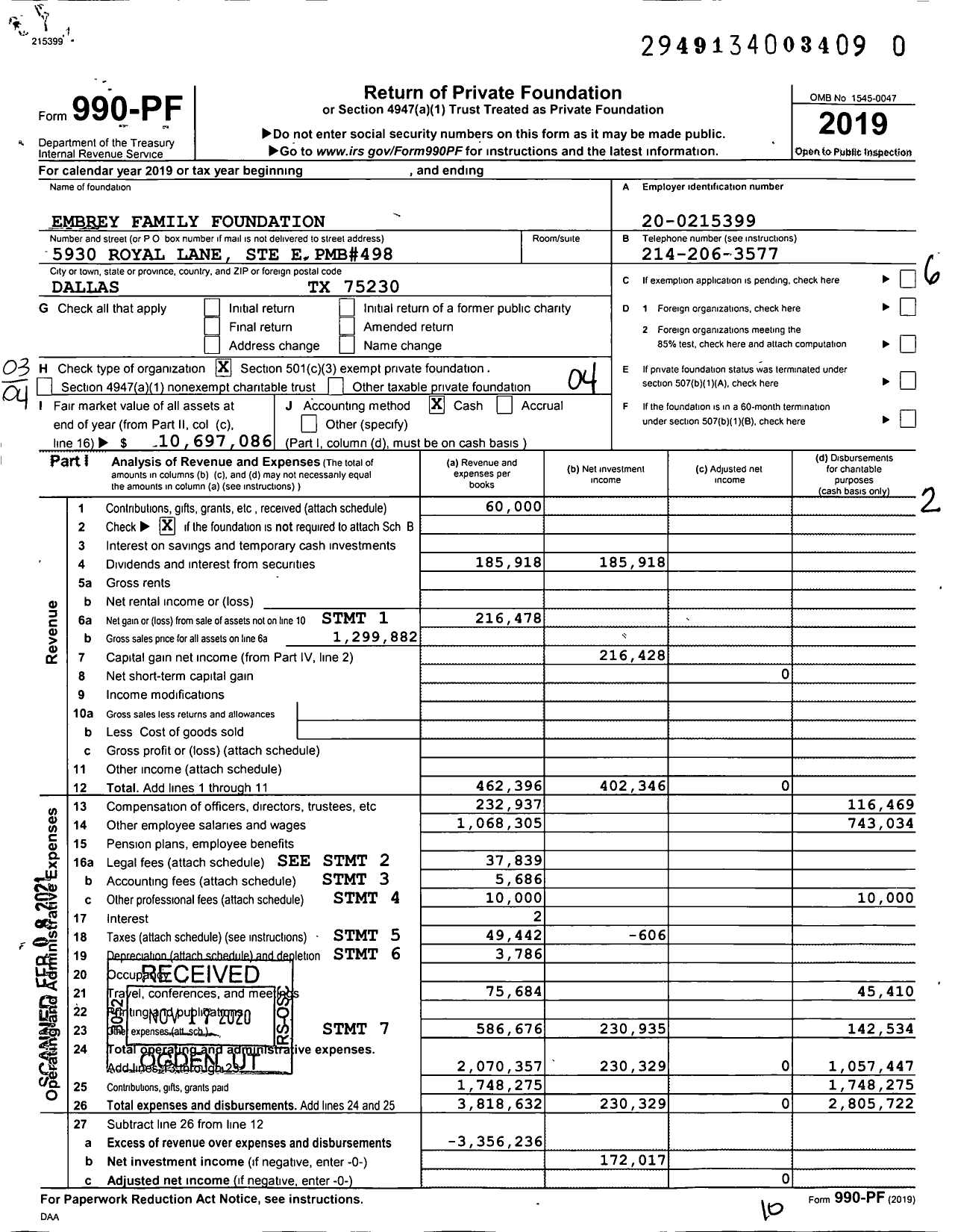Image of first page of 2019 Form 990PF for Embrey Family Foundation