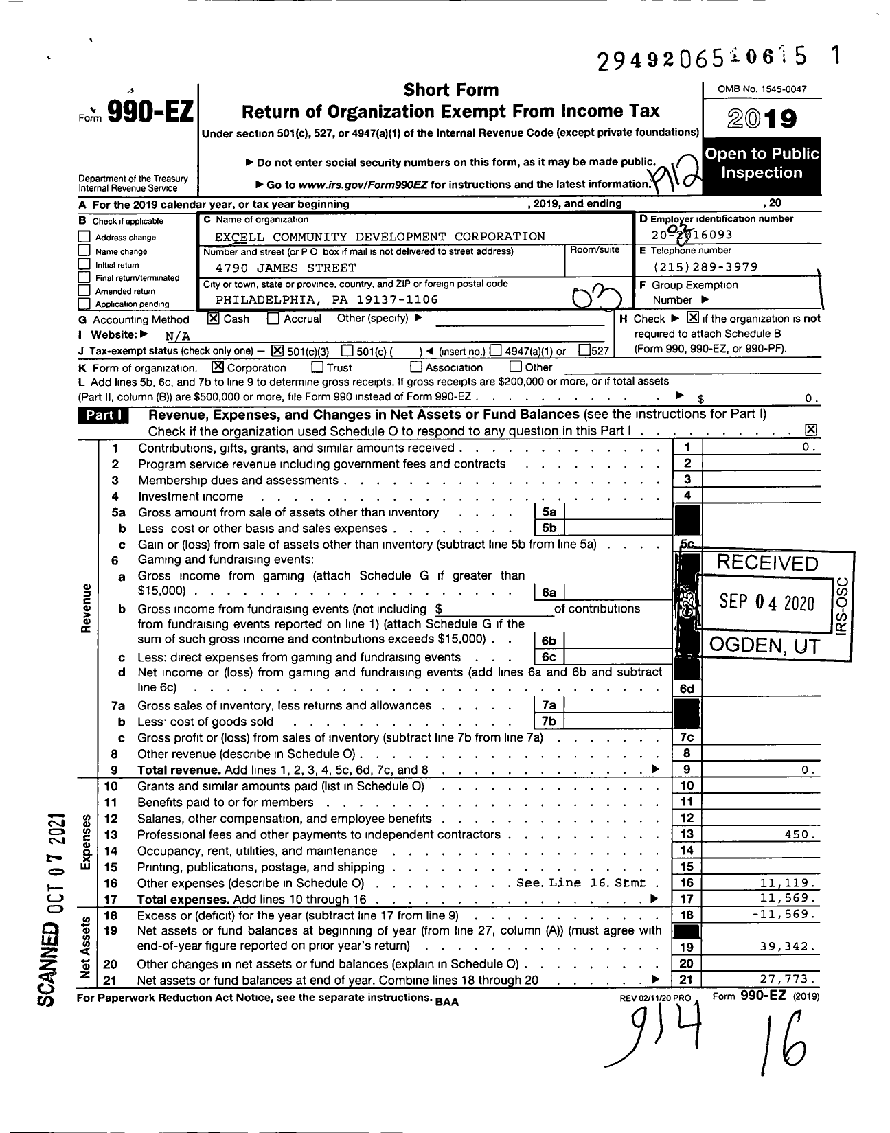 Image of first page of 2019 Form 990EZ for Excell Community Development Corporation