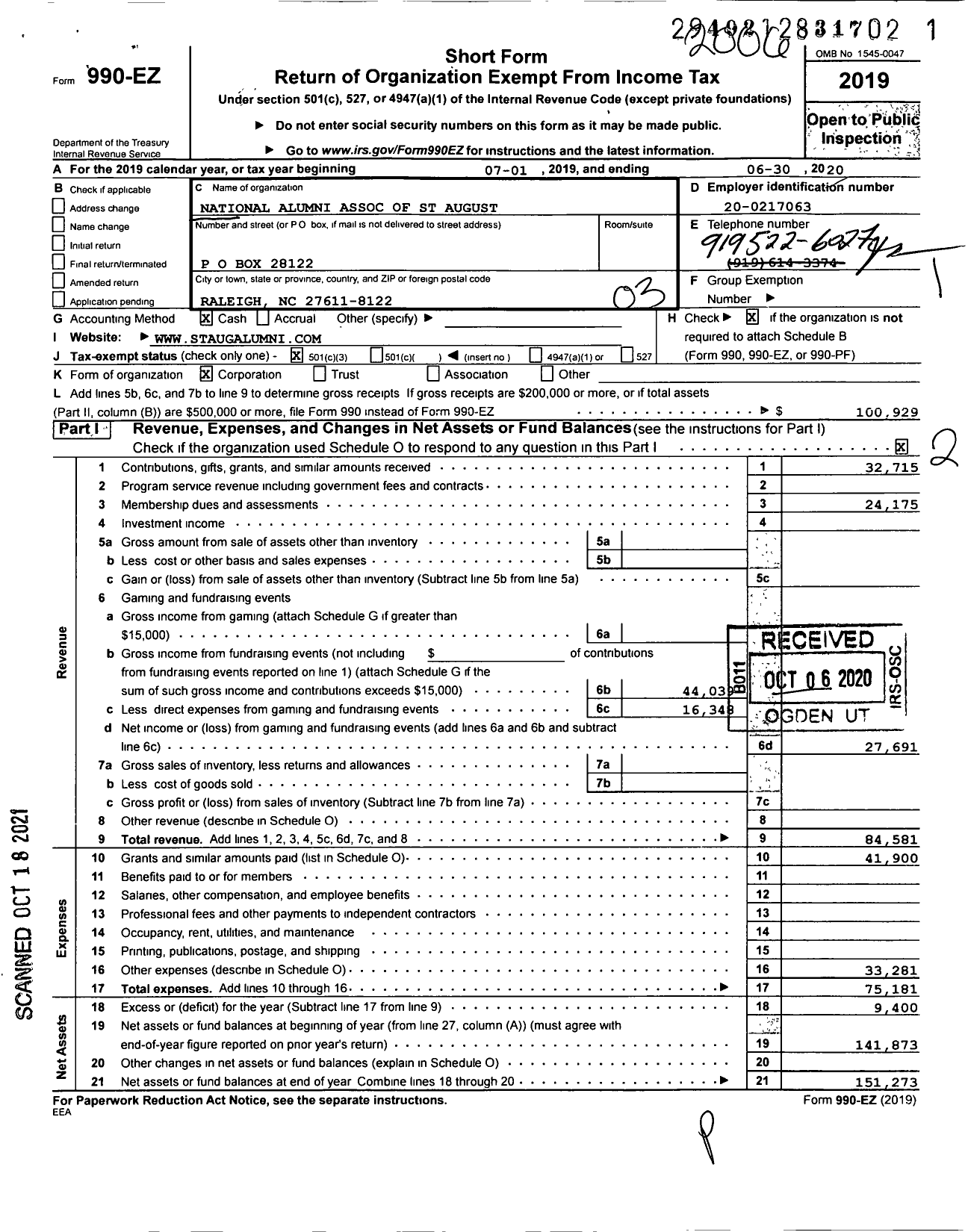 Image of first page of 2019 Form 990EZ for National Alumni Association of St Augustines Universityinc