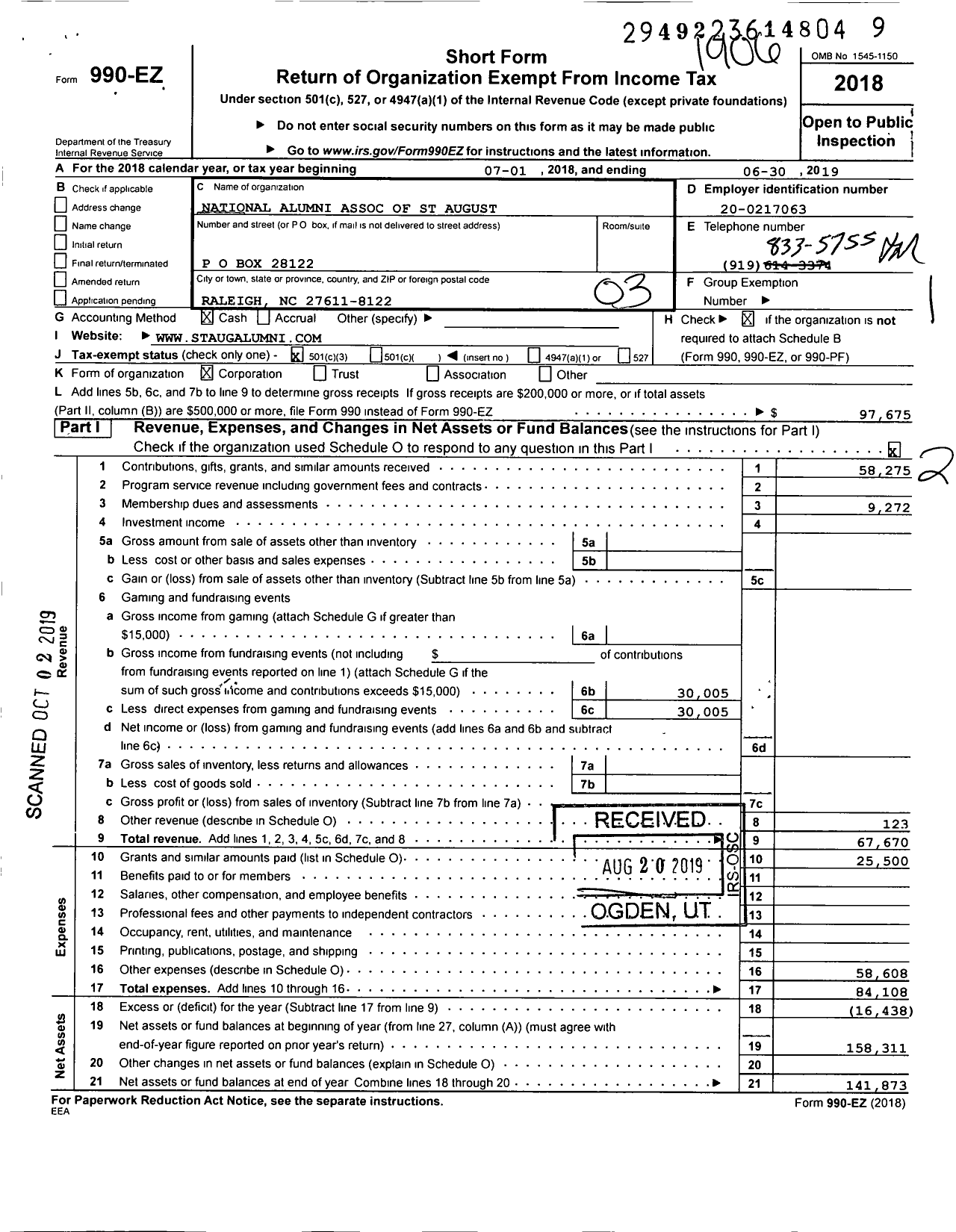 Image of first page of 2018 Form 990EZ for National Alumni Association of St Augustines Universityinc