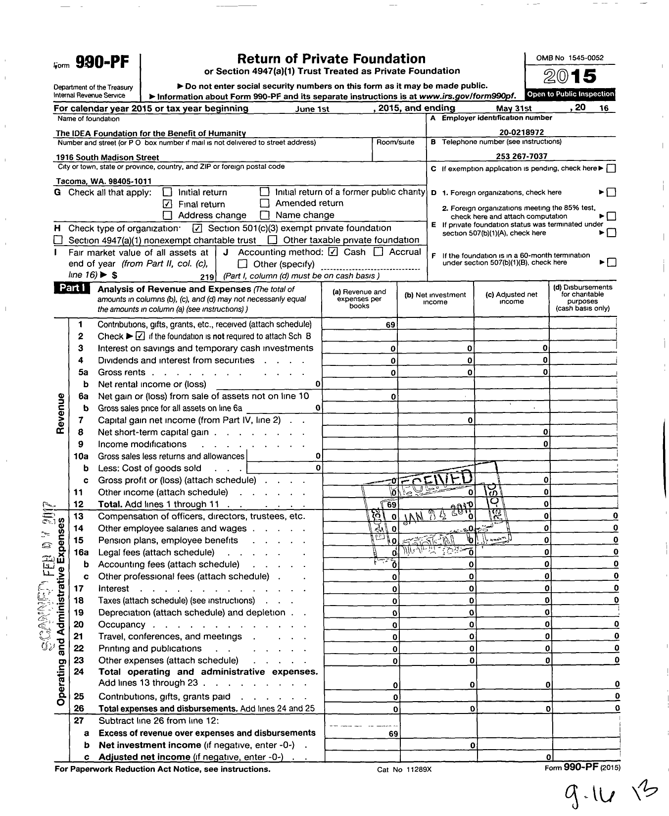 Image of first page of 2015 Form 990PF for The I D E A Foundation for the Benefit of Humanity