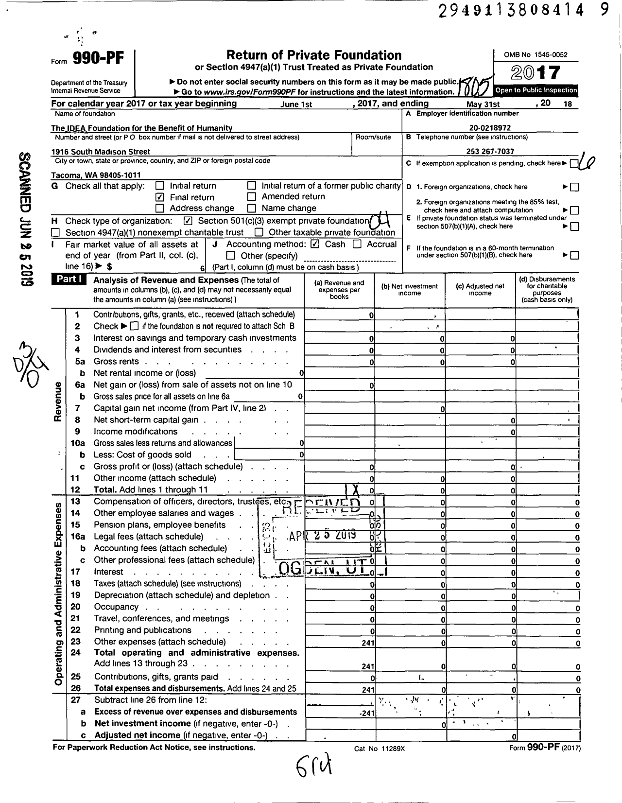 Image of first page of 2017 Form 990PF for The I D E A Foundation for the Benefit of Humanity