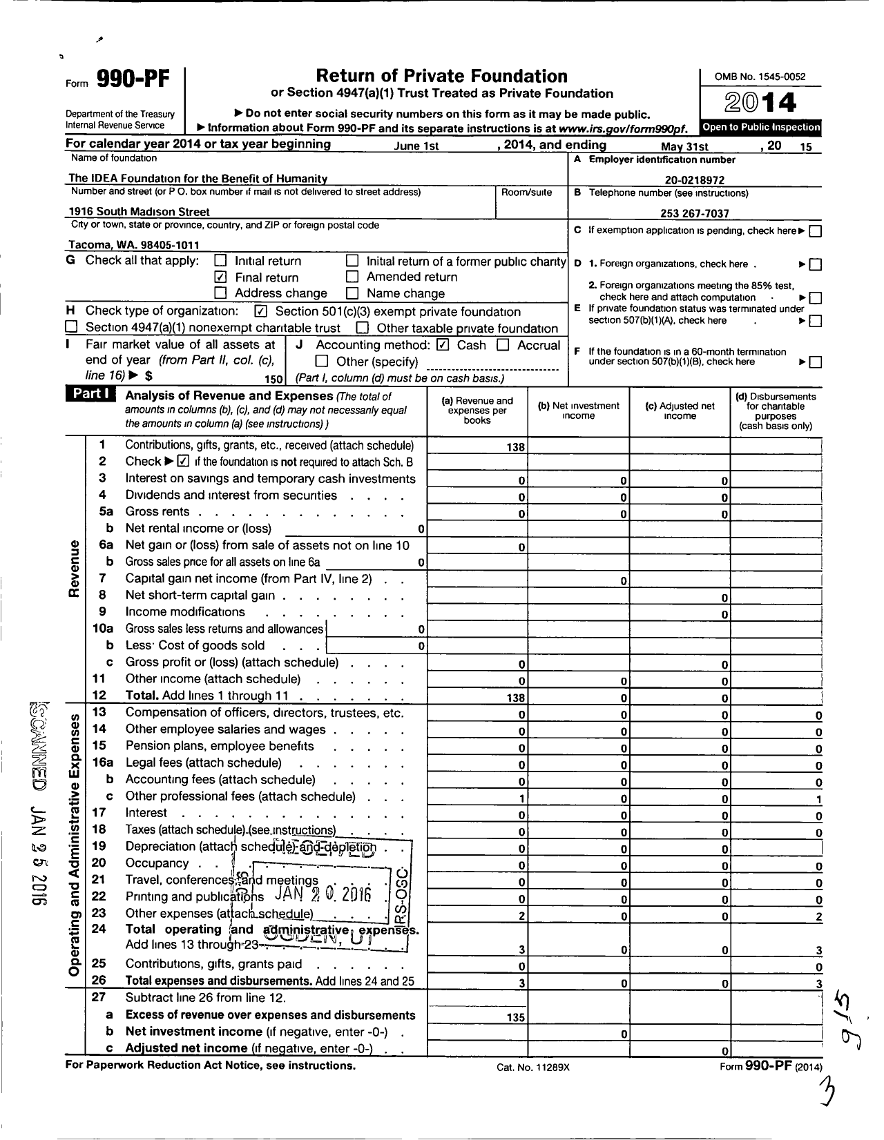 Image of first page of 2014 Form 990PF for The I D E A Foundation for the Benefit of Humanity
