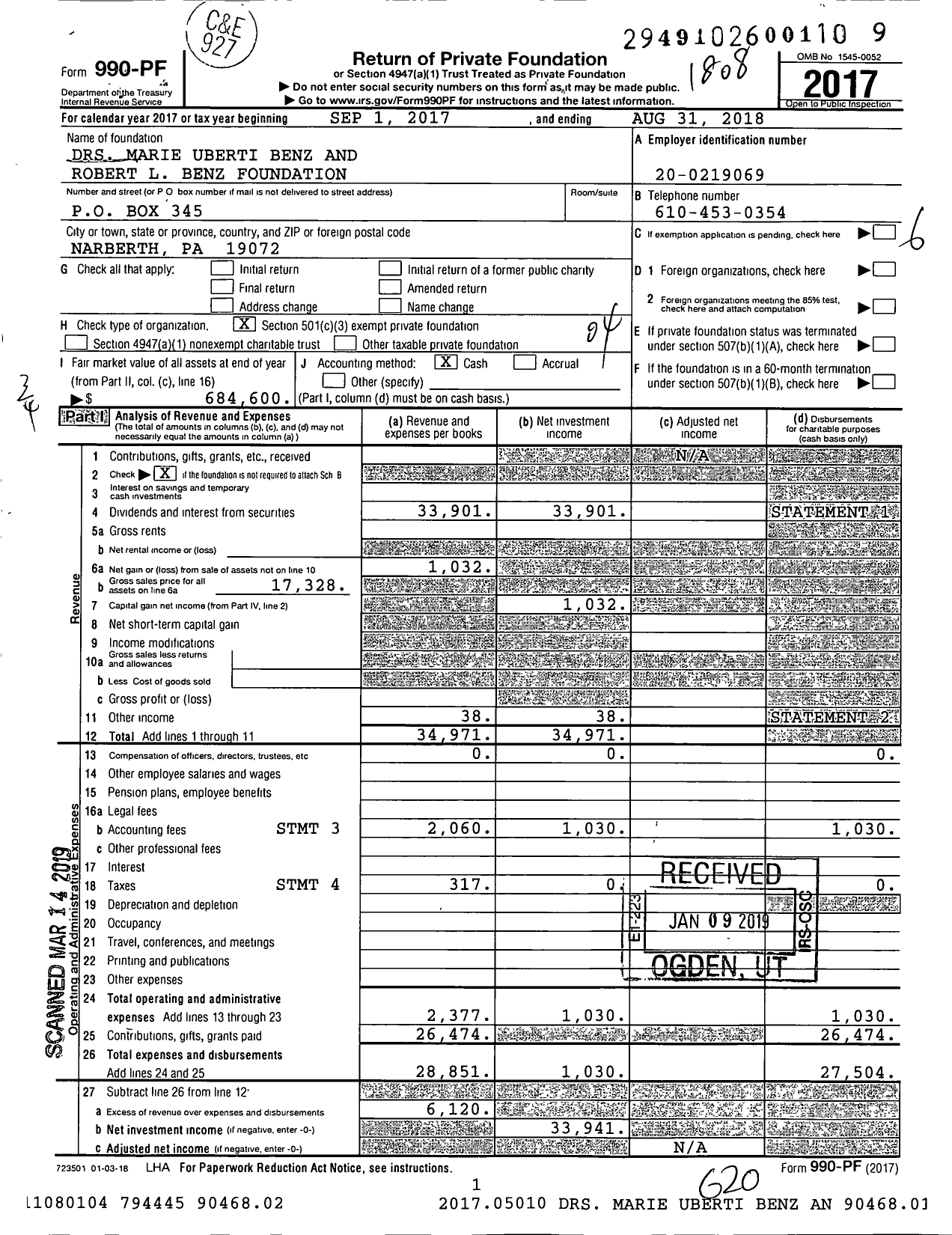 Image of first page of 2017 Form 990PF for DRS Marie Uberti Benz and Robert L Benz Foundation