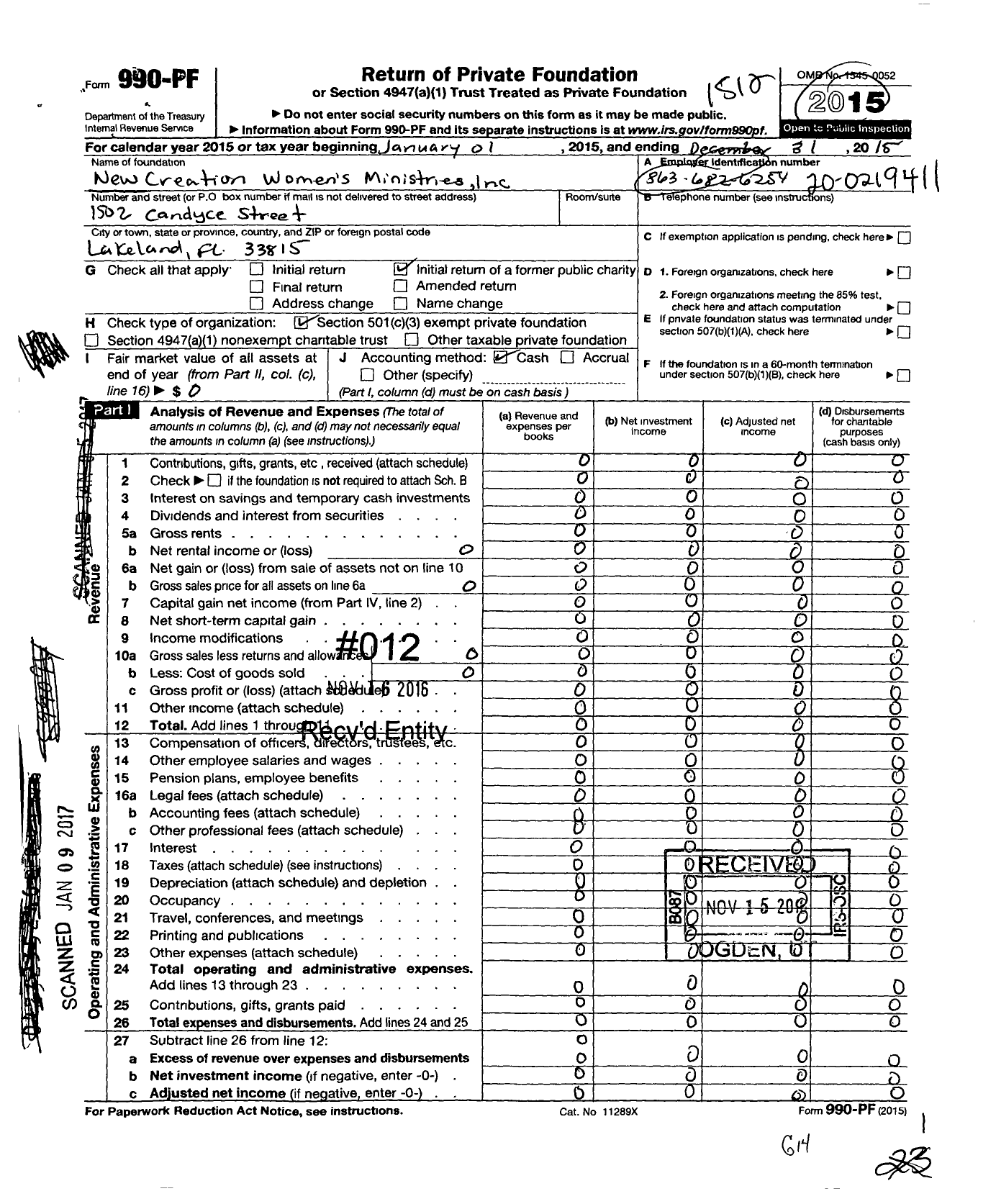 Image of first page of 2015 Form 990PF for New Creation Womens Ministries