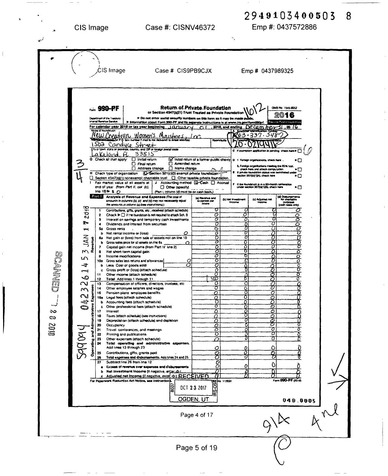 Image of first page of 2016 Form 990PF for New Creation Womens Ministries