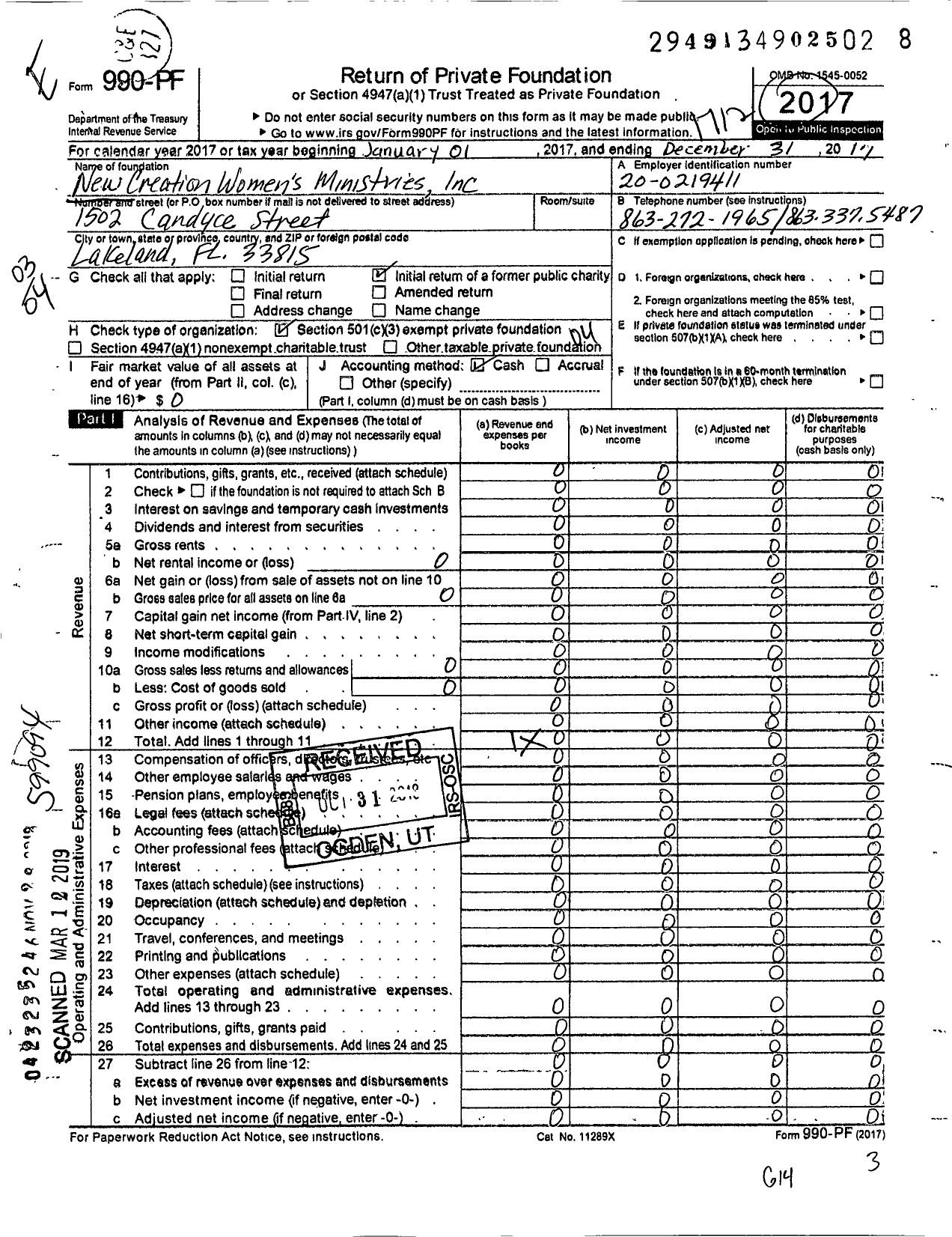 Image of first page of 2017 Form 990PF for New Creation Womens Ministries