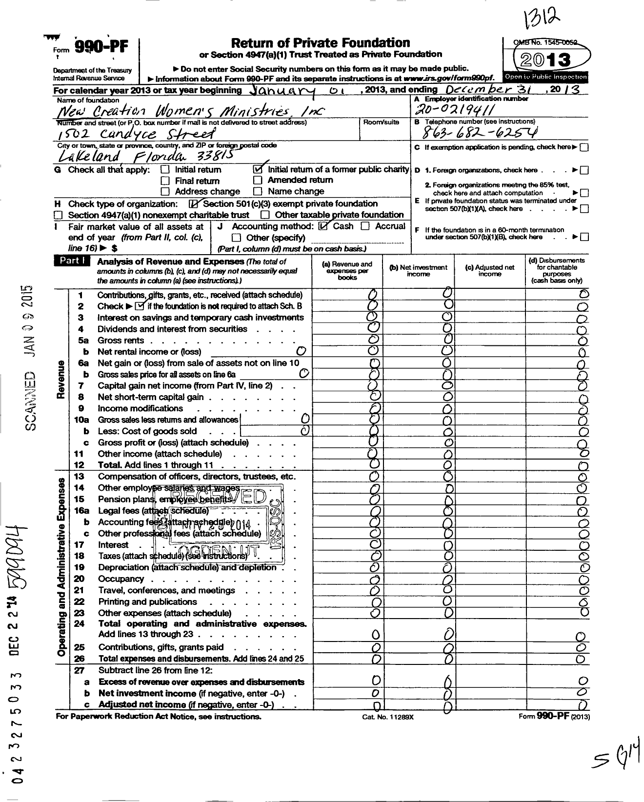 Image of first page of 2013 Form 990PF for New Creation Womens Ministries