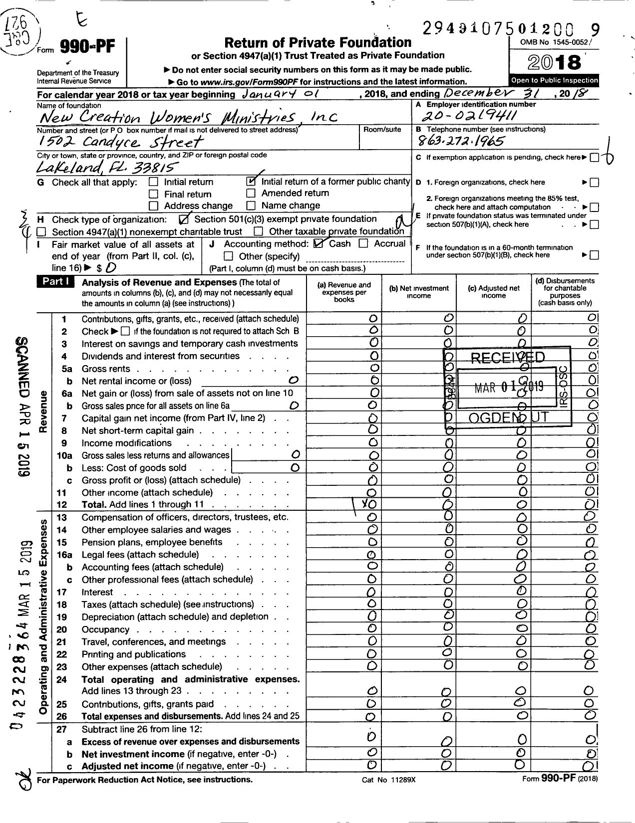 Image of first page of 2018 Form 990PF for New Creation Womens Ministries