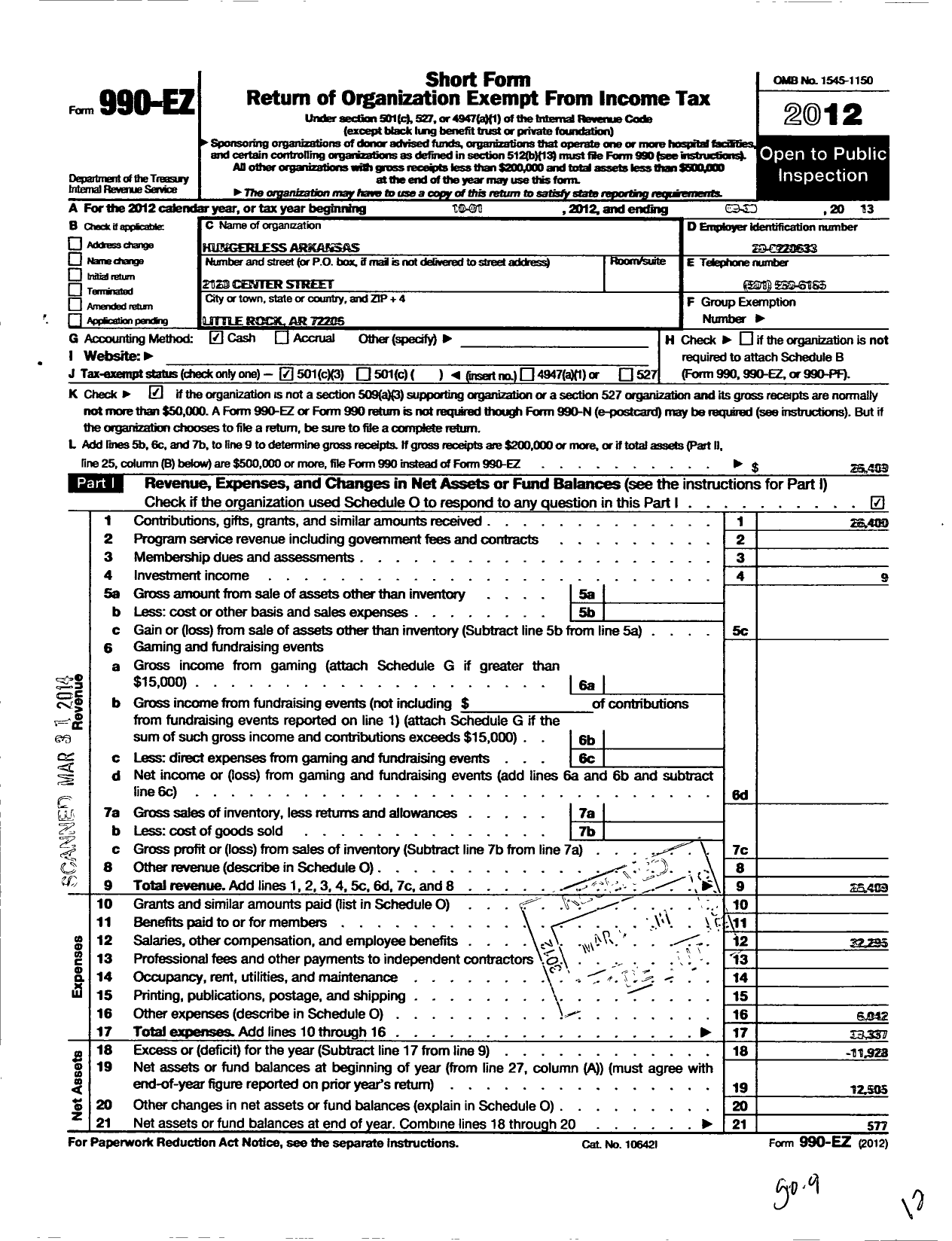 Image of first page of 2012 Form 990EZ for Hungerless Arkansas