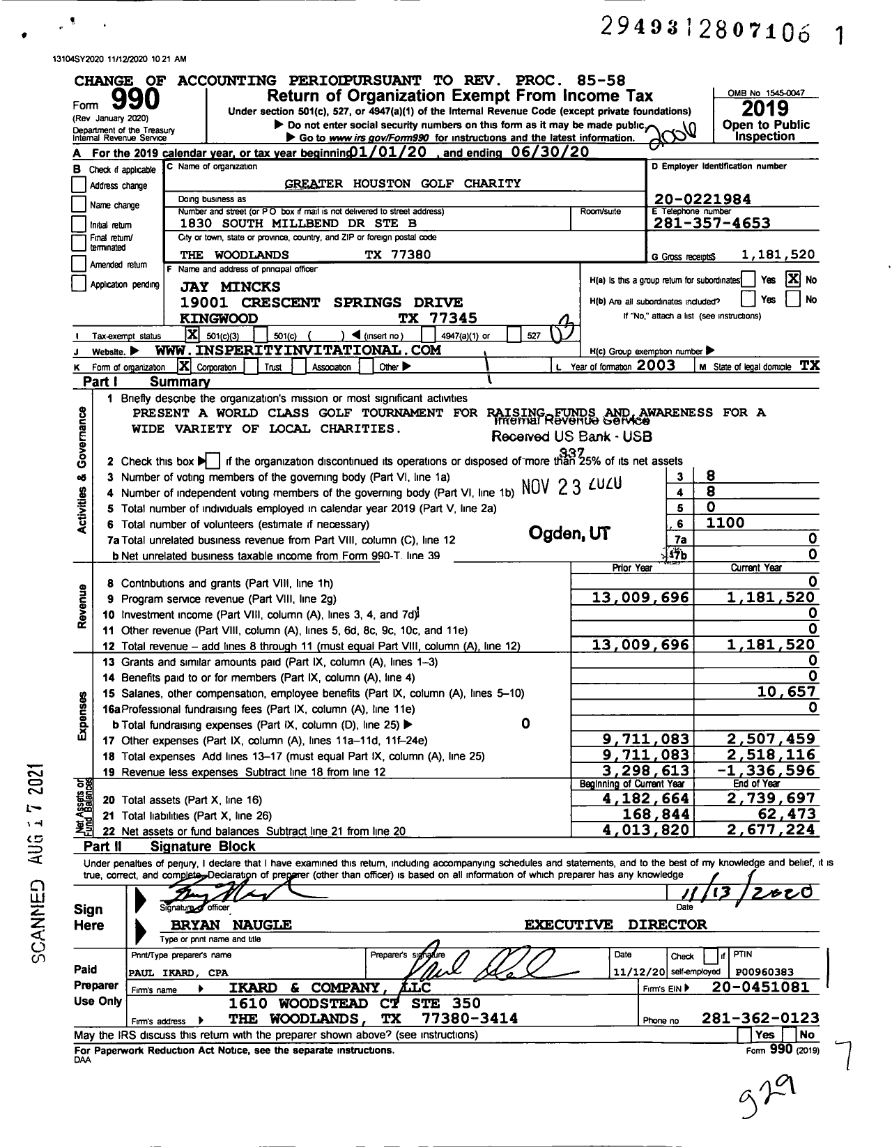 Image of first page of 2019 Form 990 for Greater Houston Golf Charity