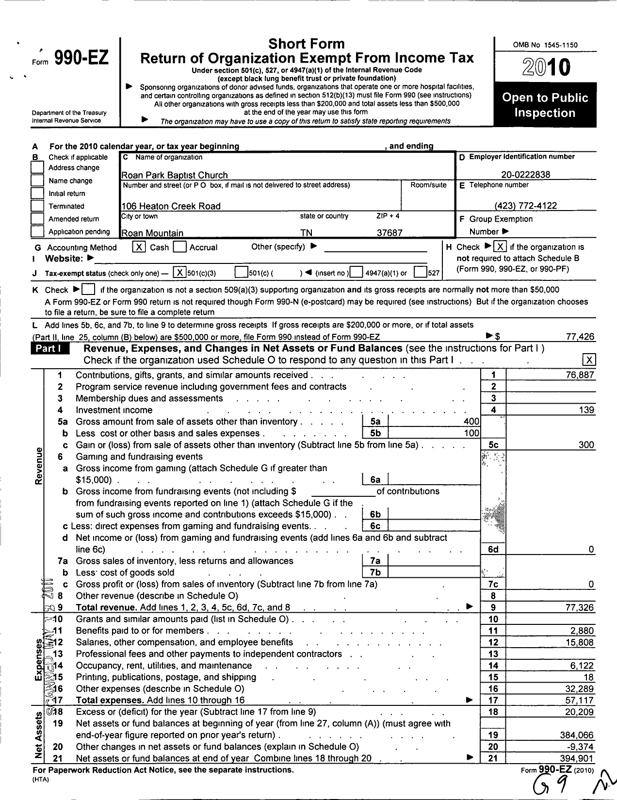 Image of first page of 2010 Form 990EZ for Roan Park Baptist Church