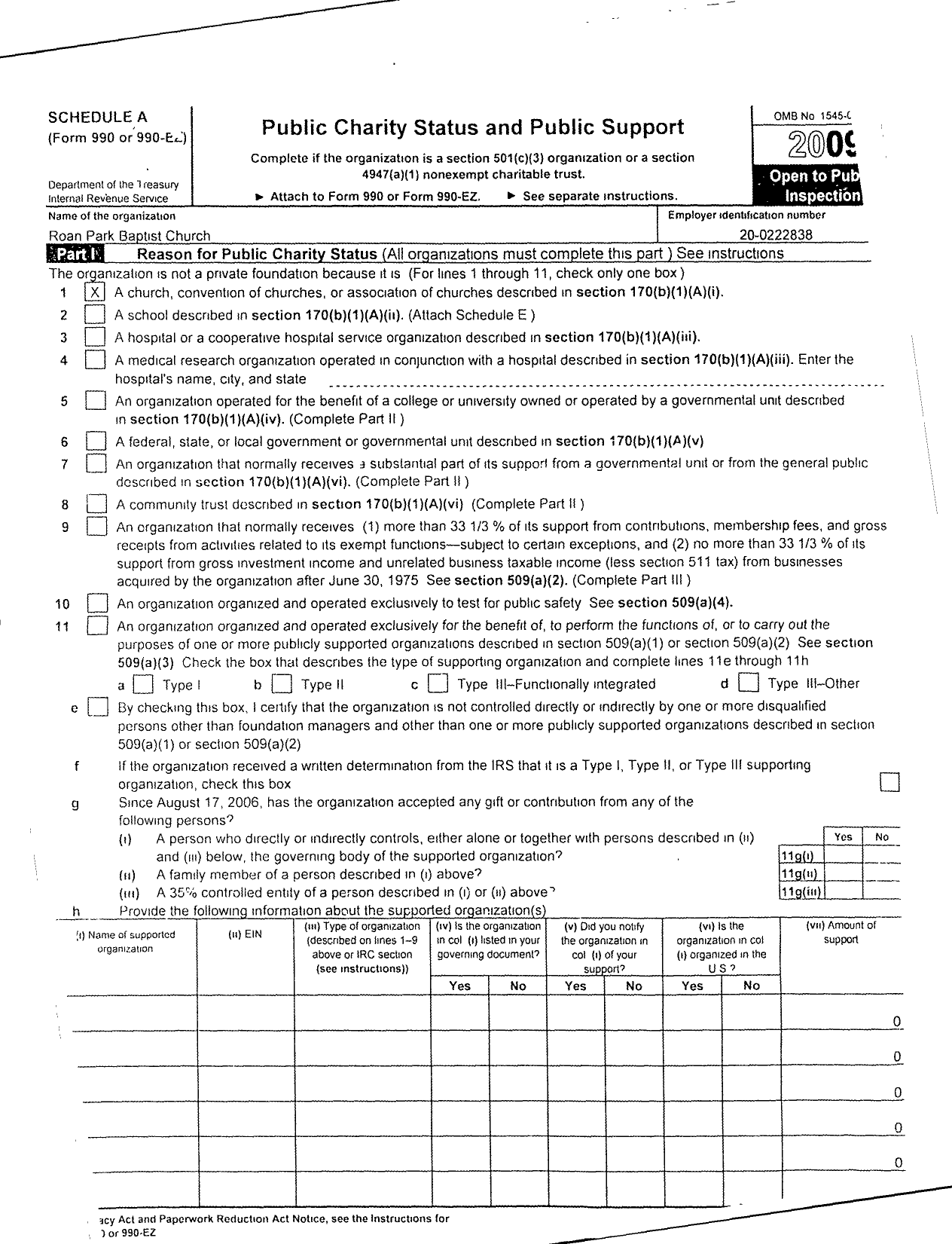 Image of first page of 2009 Form 990ER for Roan Park Baptist Church